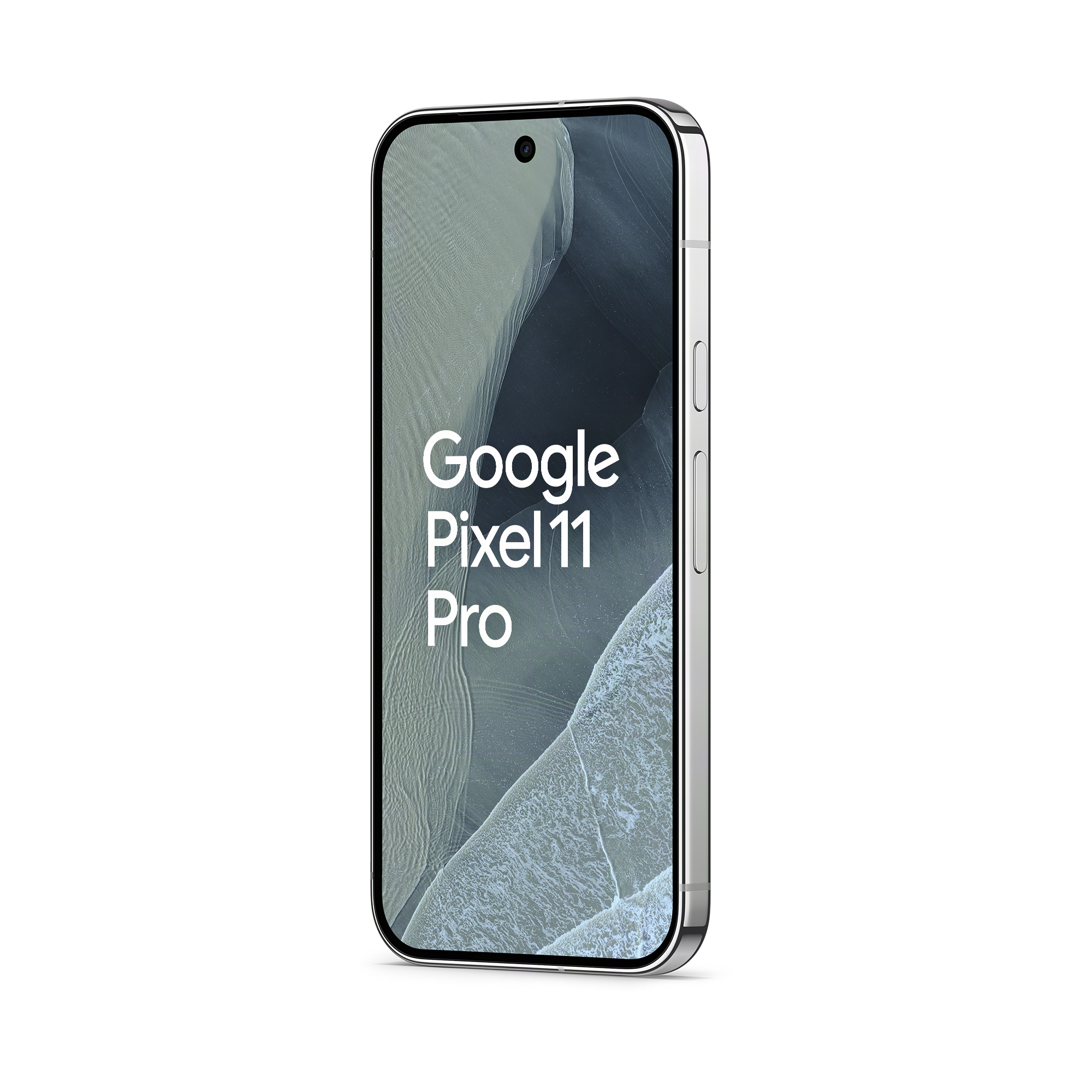 Ein silbernes Smartphone mit dem Text Google Pixel 11 Pro auf dem Bildschirm vor schwarzem Hintergrund.