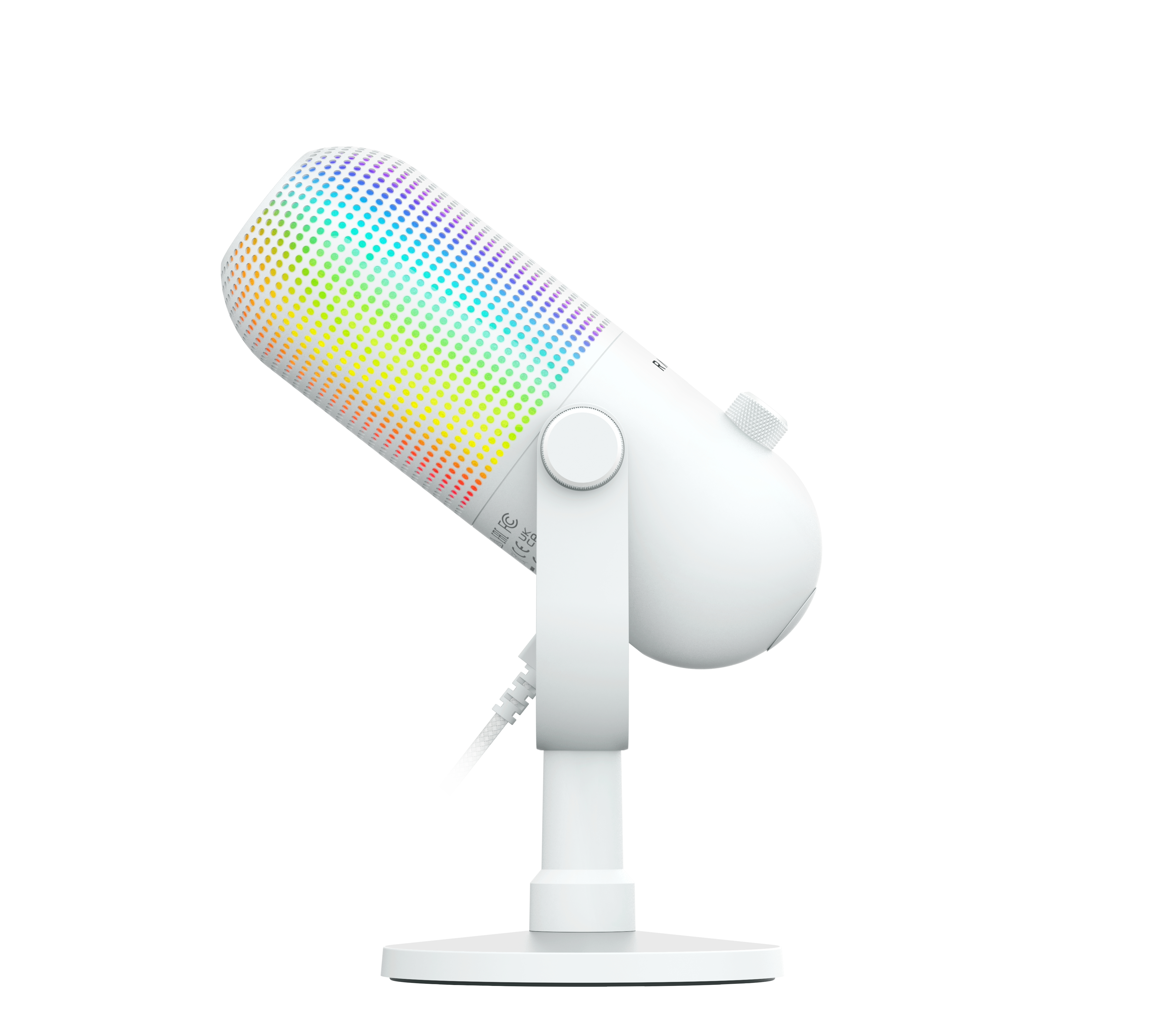Weißes USB-Mikrofon auf einem Ständer mit bunten RGB-Leuchtdioden an der Oberseite vor weißem Hintergrund.