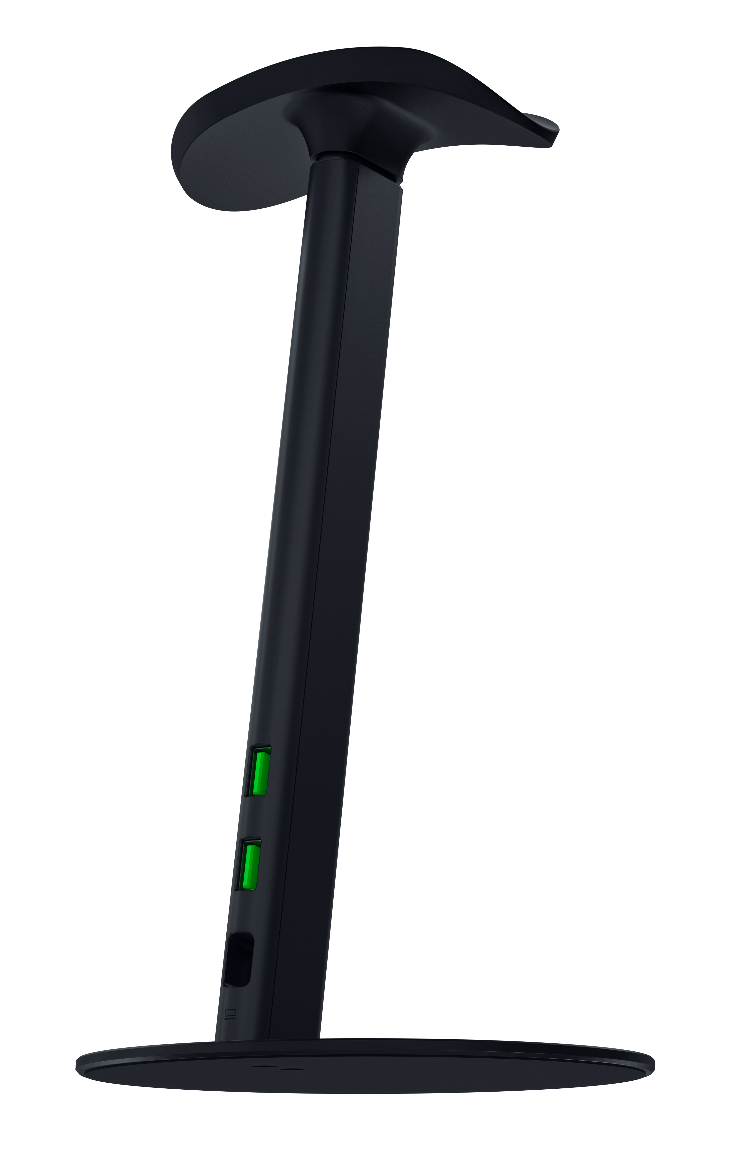 Ein schwarzer Kopfhörerständer mit breiter Basis und grünen USB-Anschlüssen am vorderen Schaft.