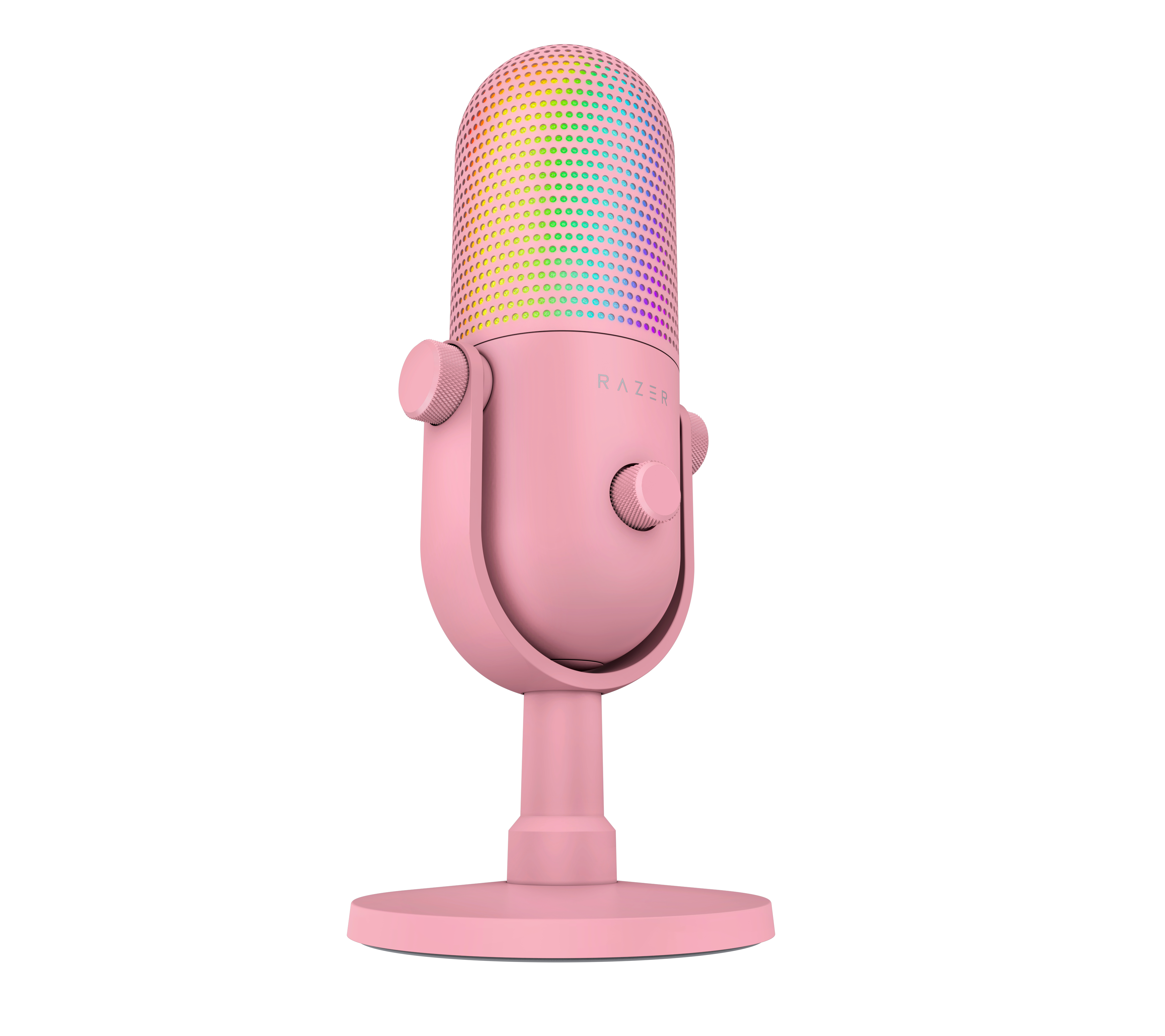Ein rosa Razer-Mikrofon mit buntem RGB-Gitter steht auf weißem Hintergrund.