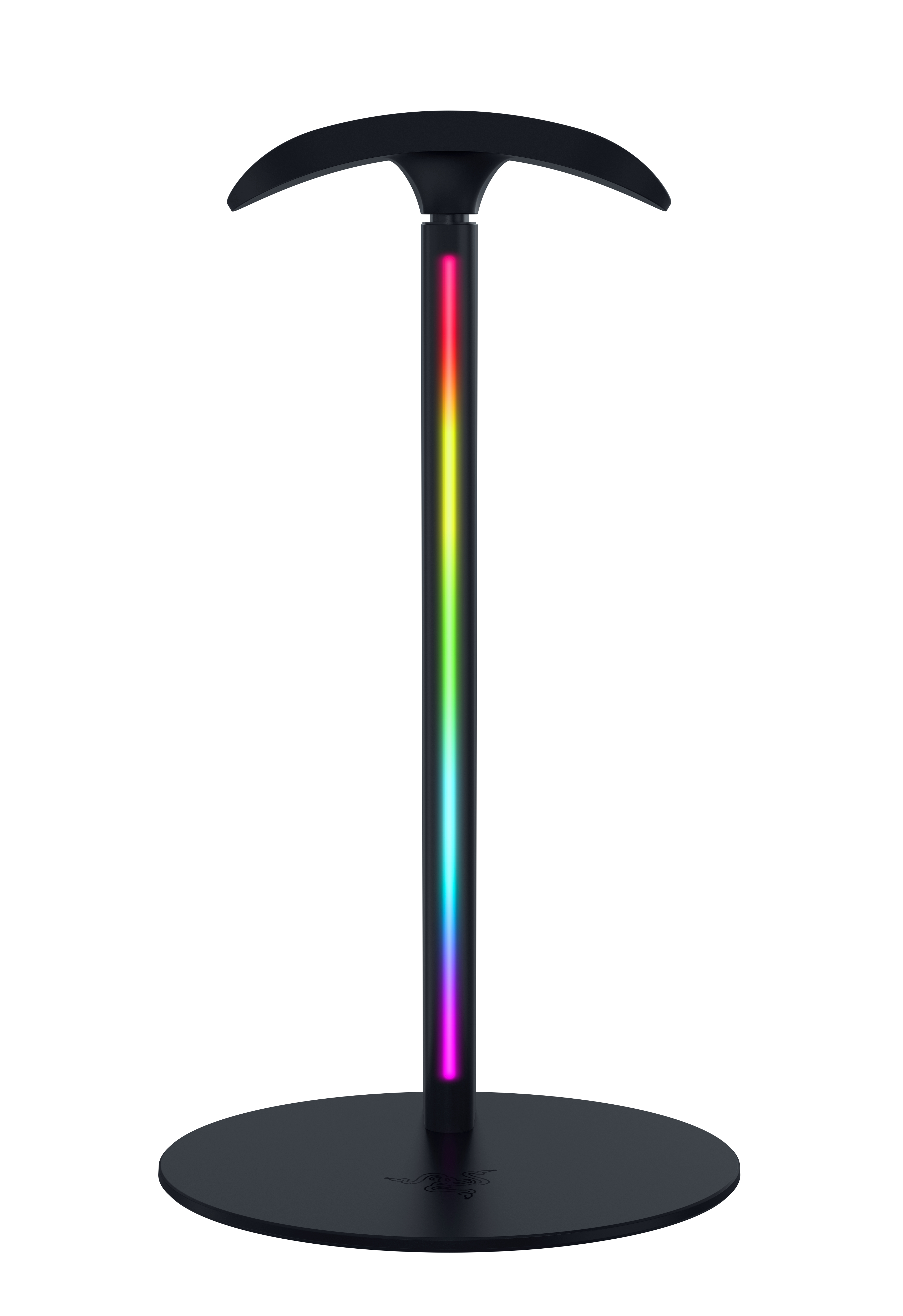 Ein schwarzer Kopfhörer-Ständer mit vertikaler RGB-Beleuchtung am Stab auf einer runden Basis.