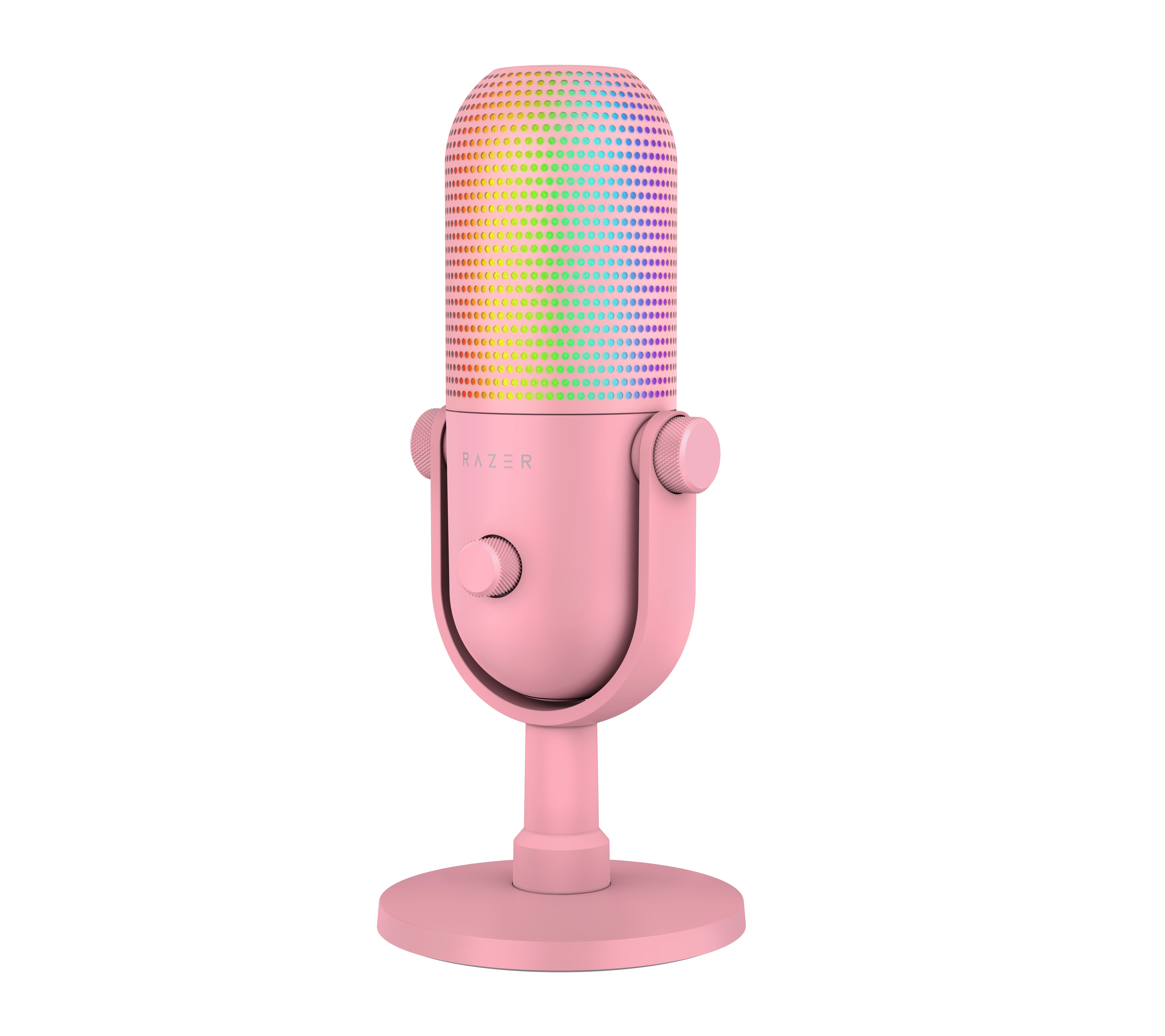 Ein rosafarbenes Razer-Mikrofon mit einem Regenbogen-LED-Gitter oben und einem runden Standfuß vor weißem Hintergrund.