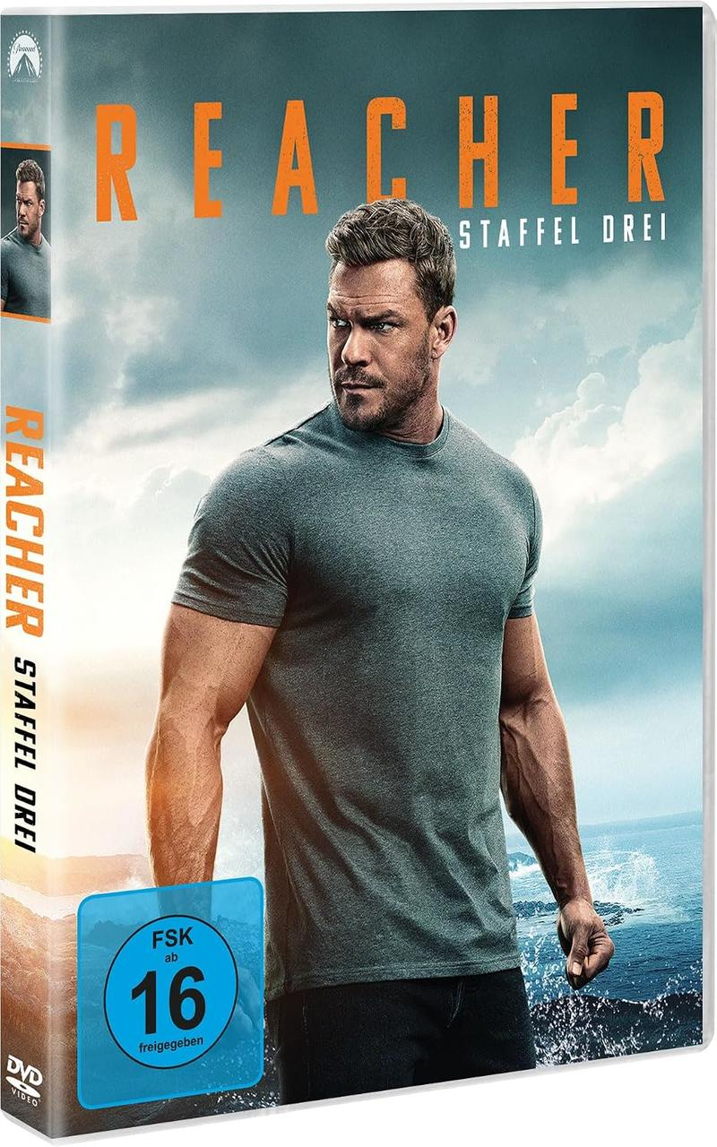 DVD-Cover von Reacher Staffel 3 mit einem muskulösen Mann in grauem T-Shirt vor Meereshintergrund und Wolken.
