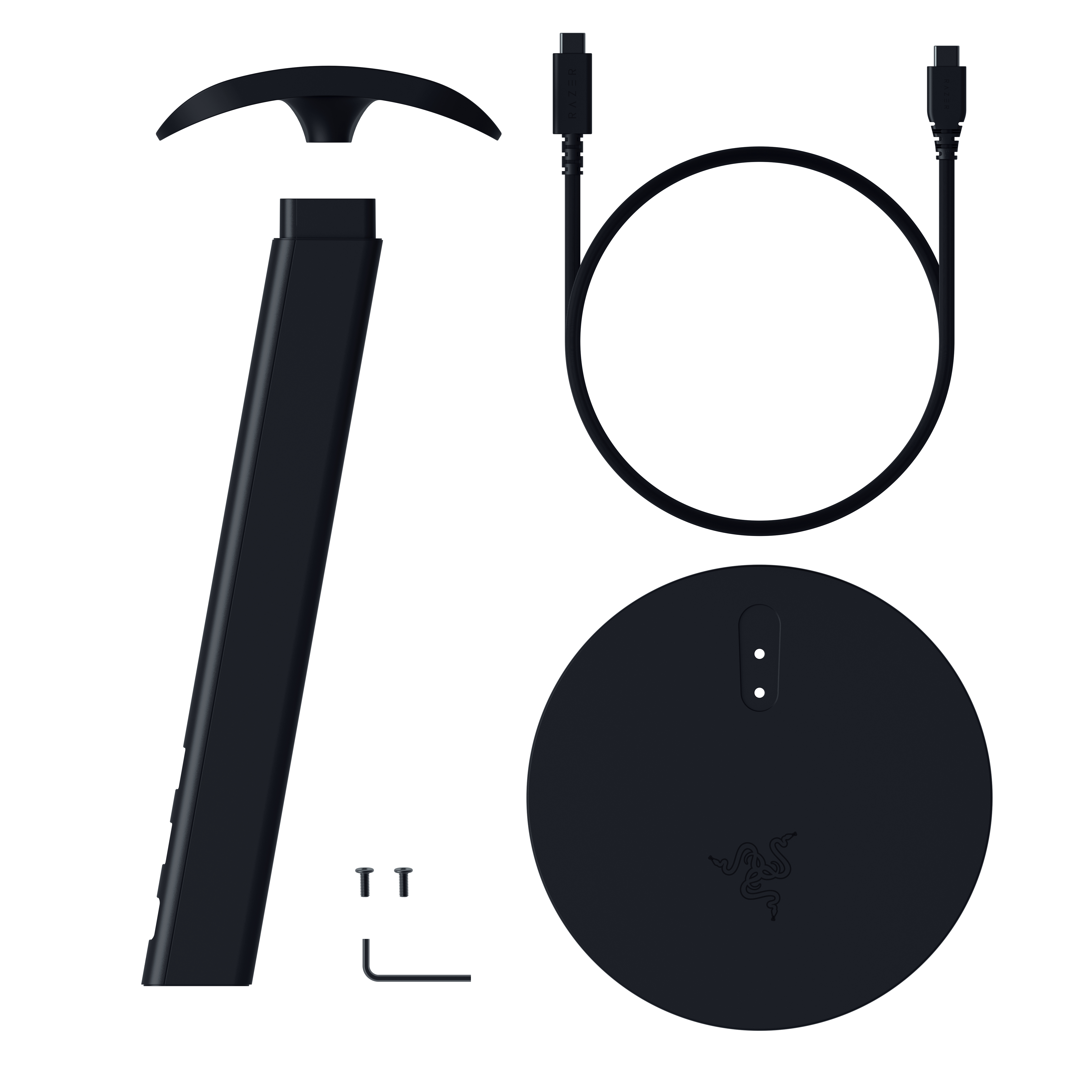 Schwarze Razer-Zubehörteile auf weißem Hintergrund: Kopfhörerhalter-Teile, USB-Kabel, runde Basis, Schrauben und Inbusschlüssel.