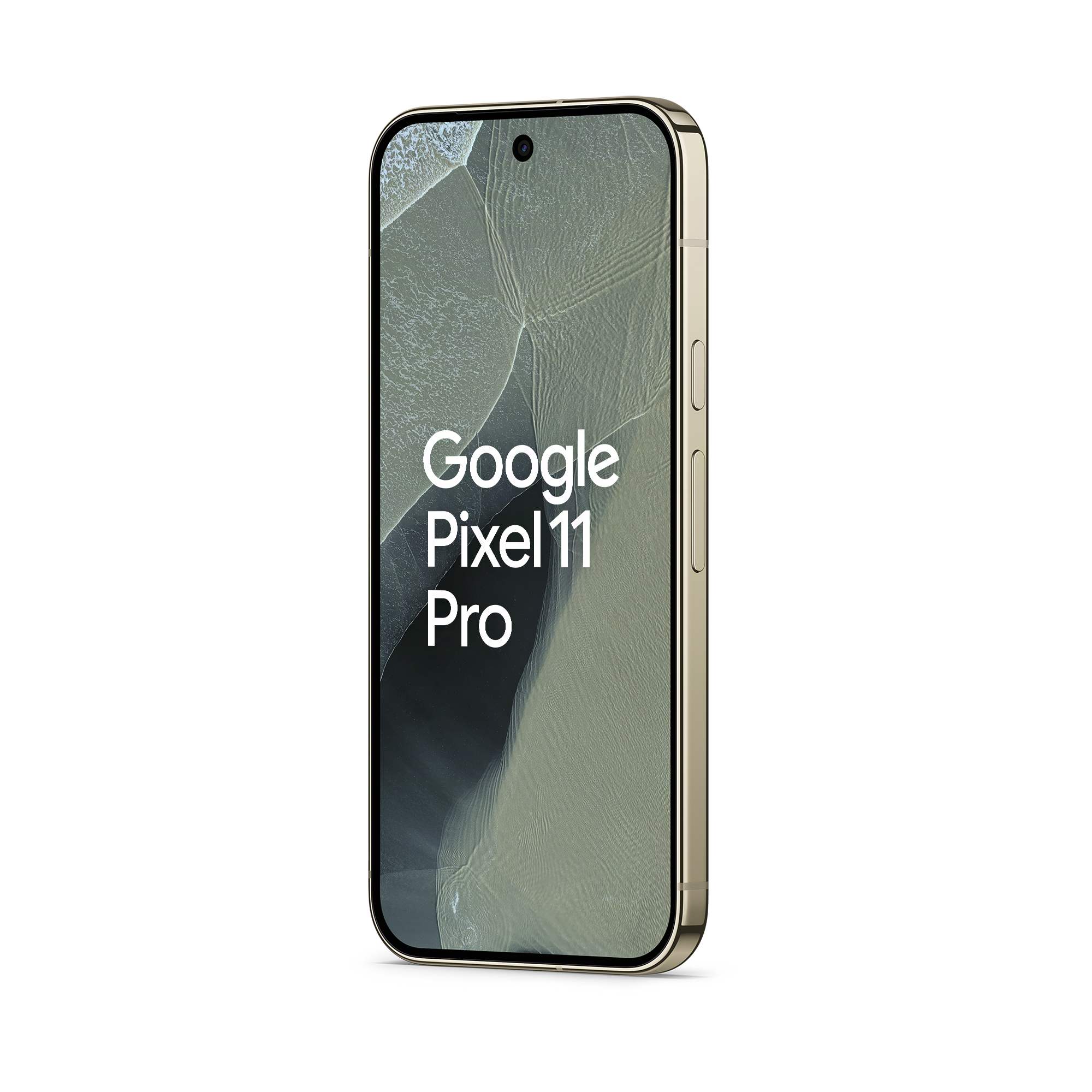 Goldfarbenes Google Pixel 11 Pro Smartphone vor schwarzem Hintergrund mit Text auf dem Display.
