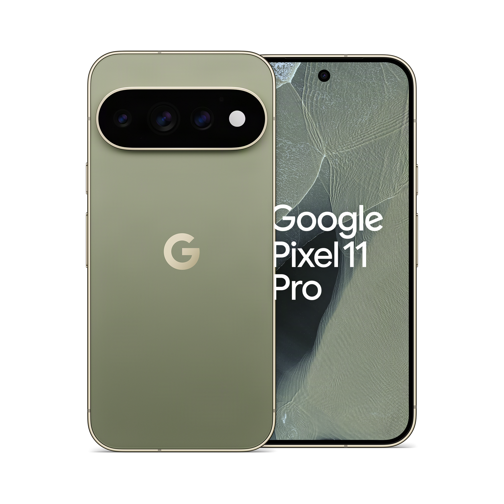 Olivgrünes Google Pixel 11 Pro, vorne und hinten auf schwarzem Hintergrund.