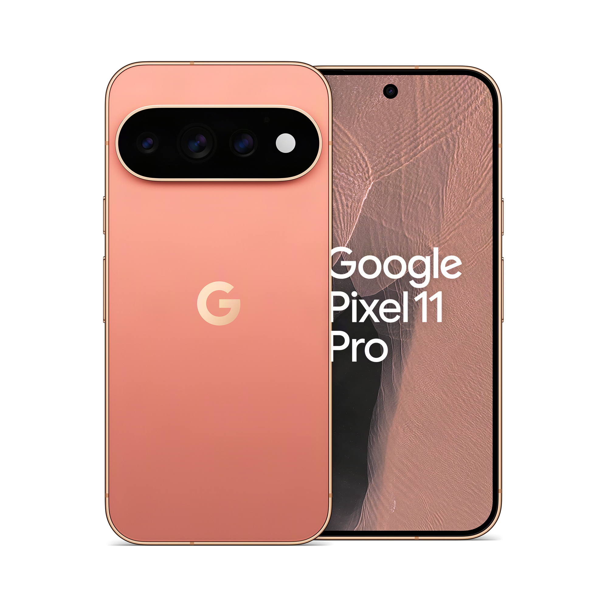 Google Pixel 11 Pro in Rosa, Vorder- und Rückseite auf schwarzem Hintergrund.