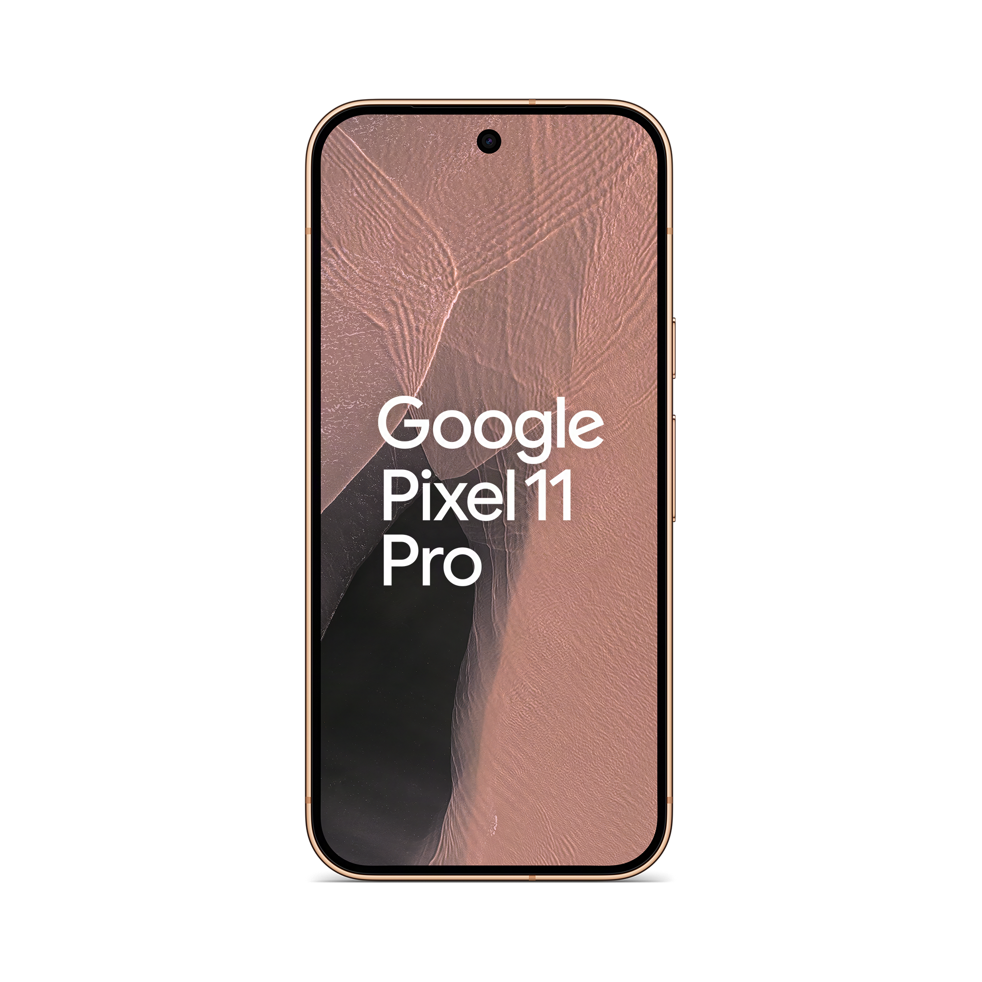 Ein goldenes Google Pixel 11 Pro Smartphone mit gewelltem Hintergrund, zentriert auf schwarzem Grund.