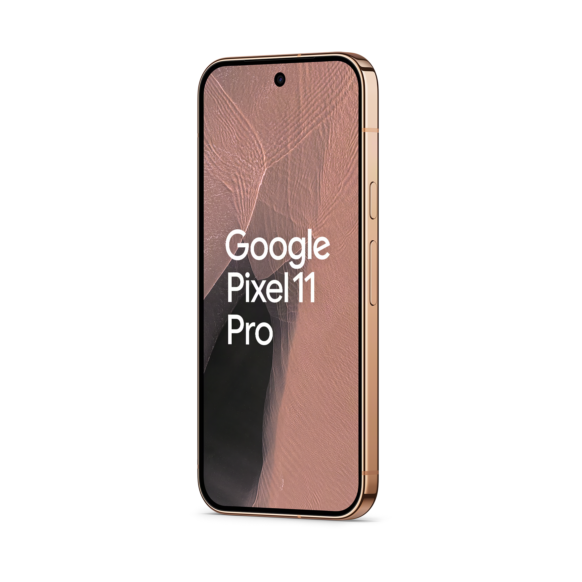 Ein goldenes Google Pixel 11 Pro Smartphone vor schwarzem Hintergrund zeigt Text auf dem Bildschirm.