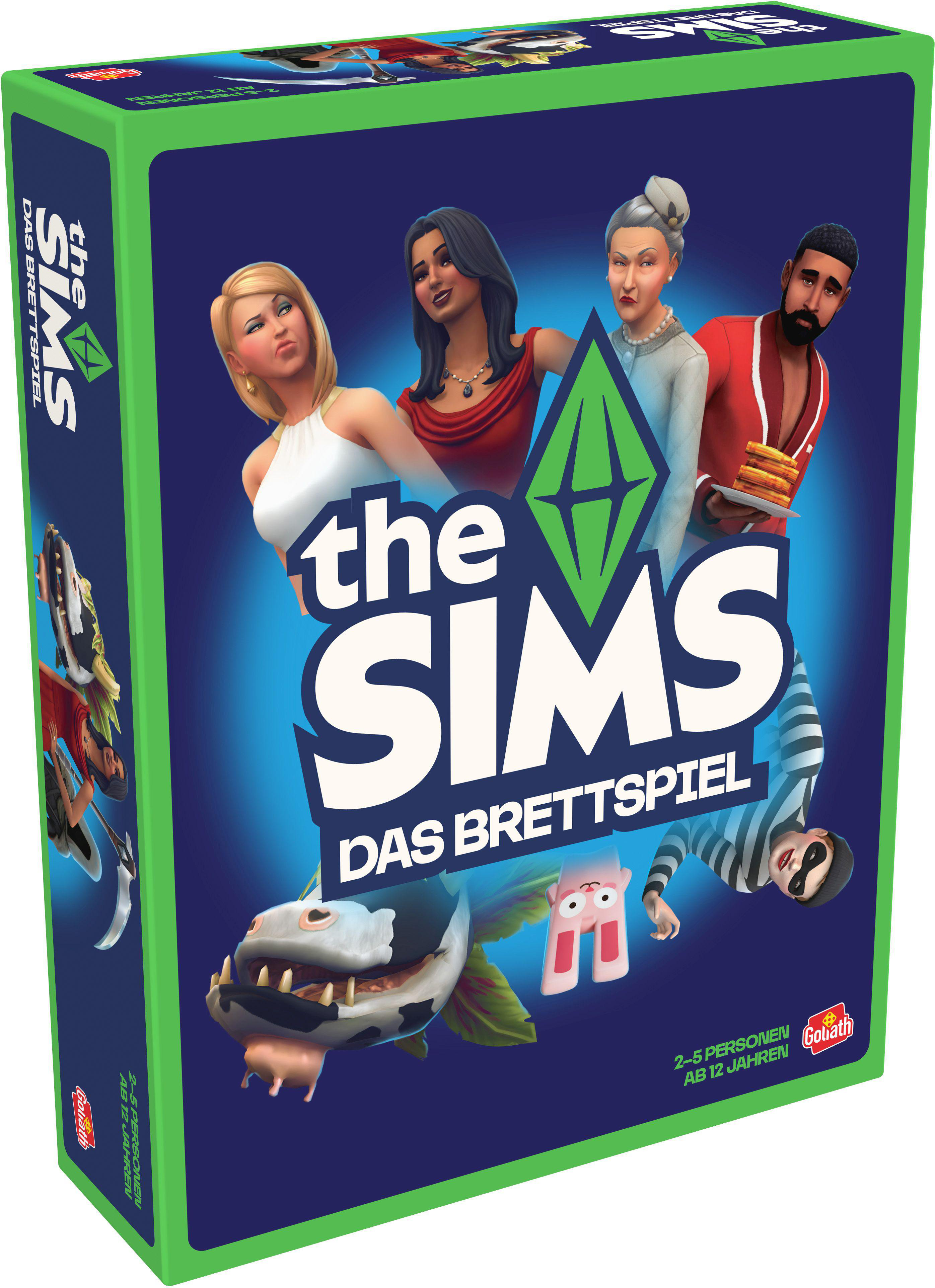 Verpackung von The Sims Das Brettspiel mit verschiedenen Charakteren und dem grünen Plumbob-Logo auf blauem Grund.