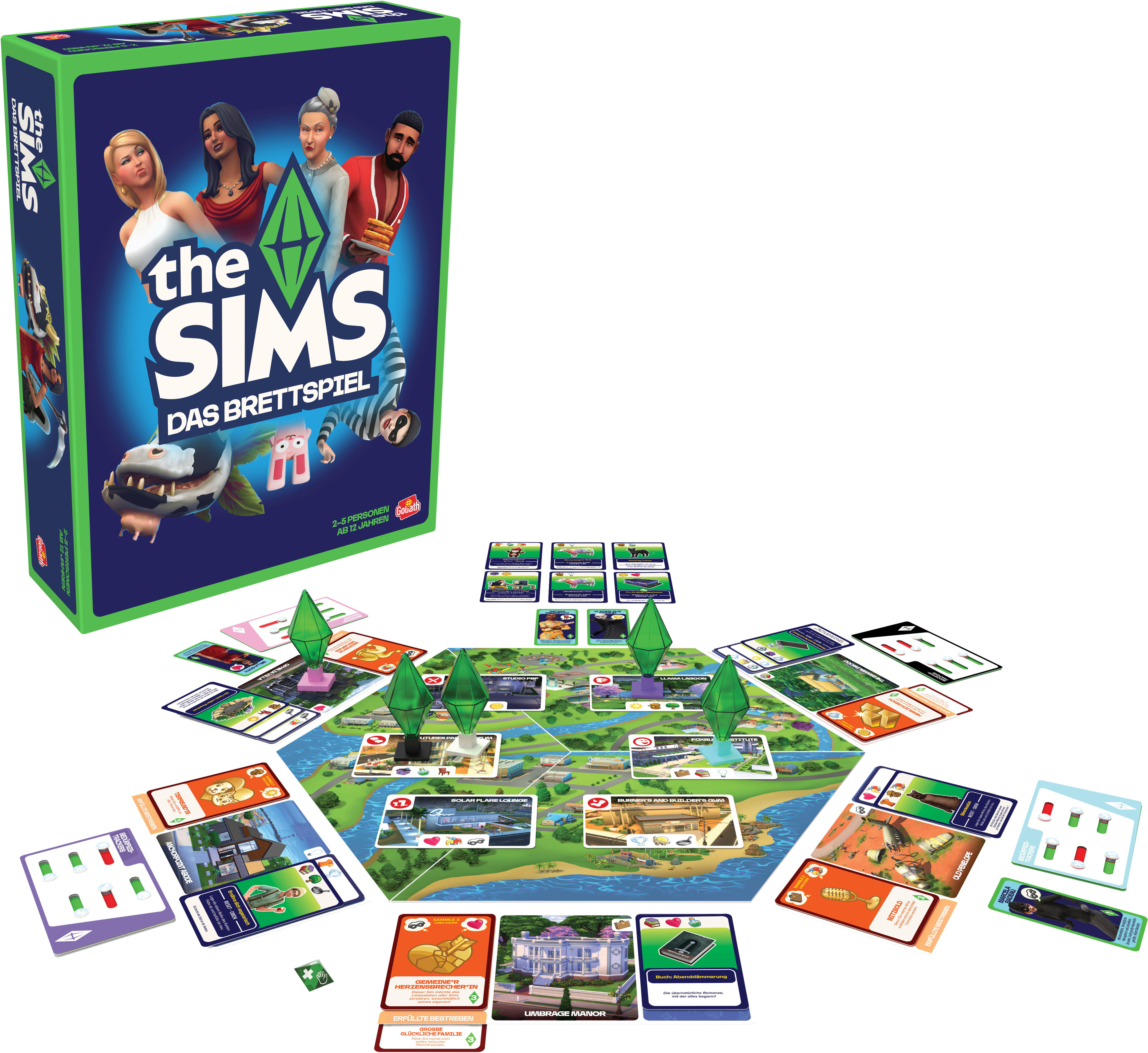 Das Sims Brettspiel mit grüner Schachtel, modularer Spielplan, grünen Diamantmarkern und Spielkarten.