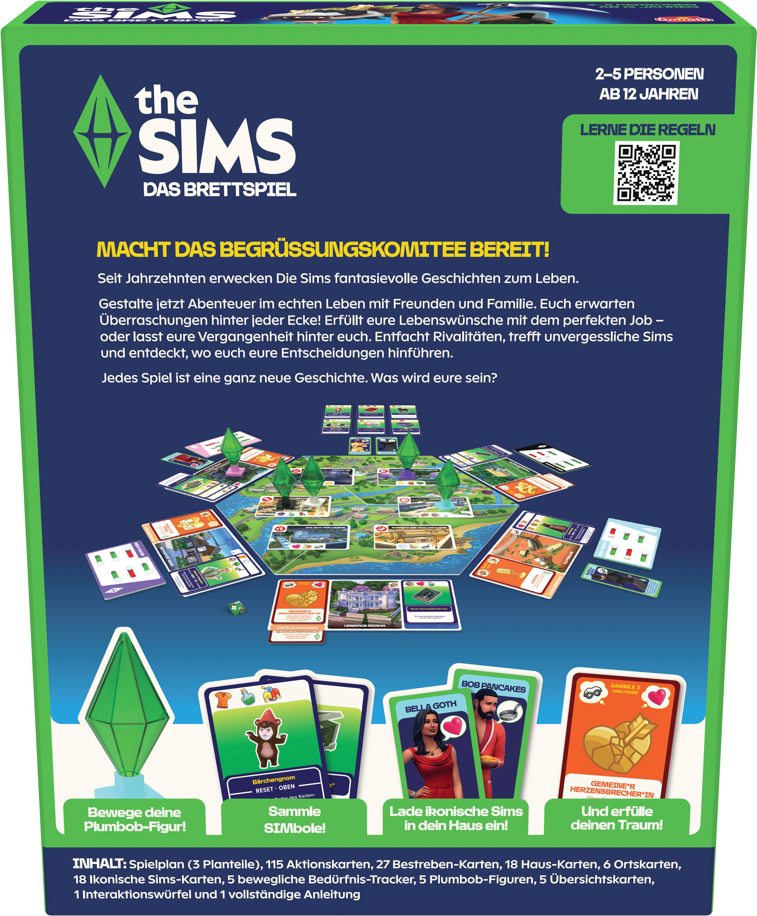 Das Sims Brettspiel mit Spielplan, Karten, Figuren und Text auf Grün und Blau.