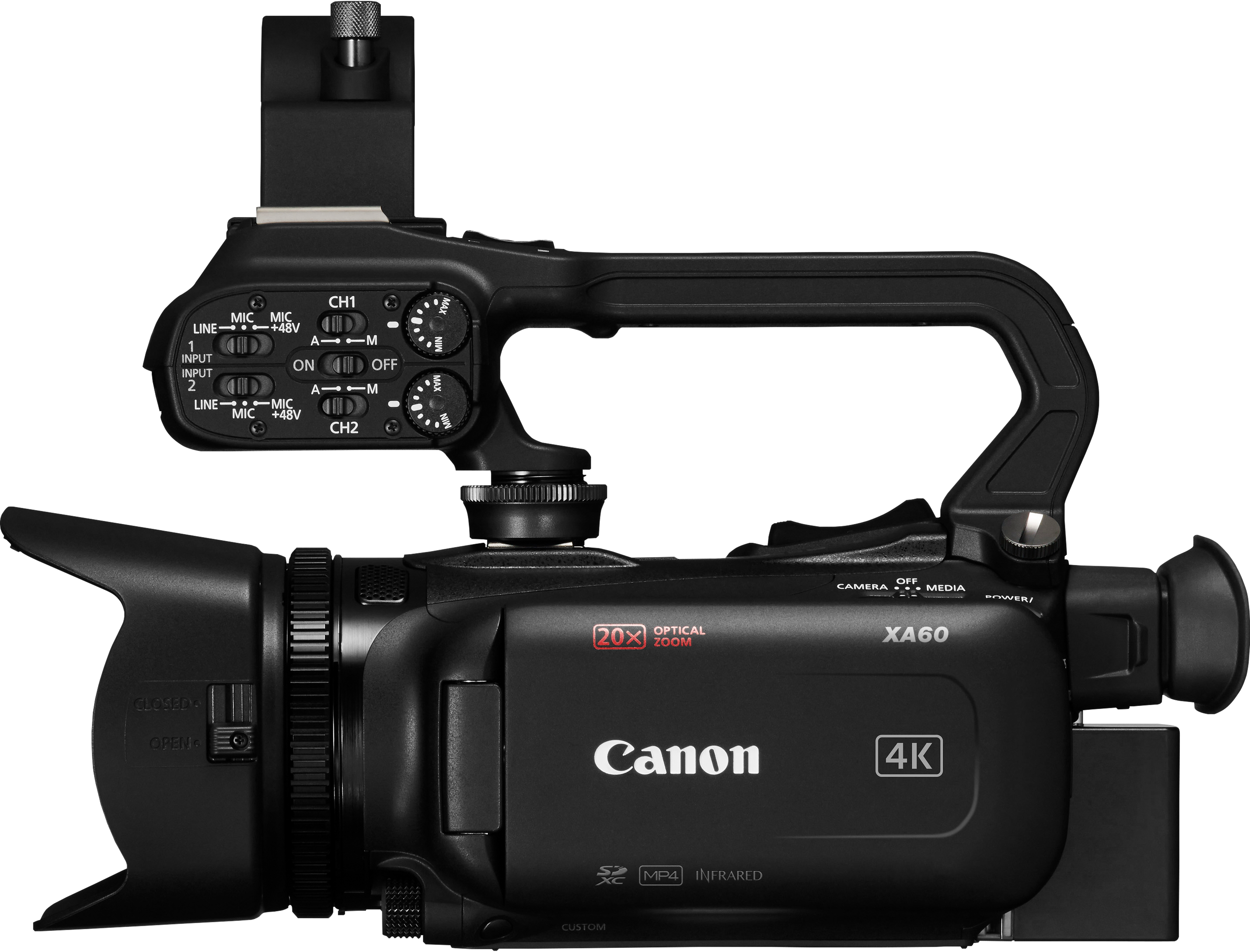 Caméra vidéo noire Canon XA60 4K avec poignée supérieure et commandes audio sur fond noir.