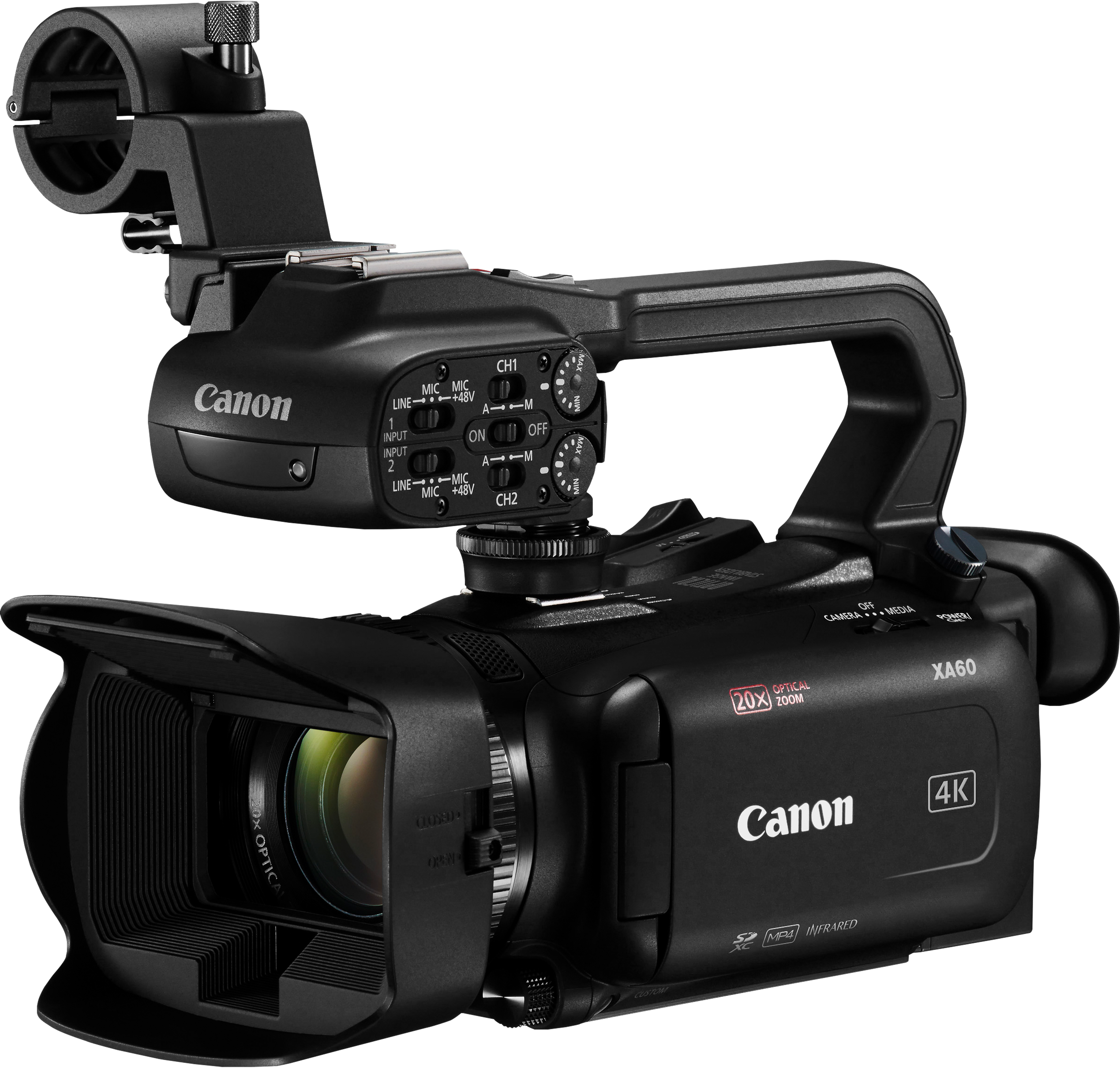 Caméscope noir Canon XA60 4K avec poignée amovible et commandes audio sur fond noir.
