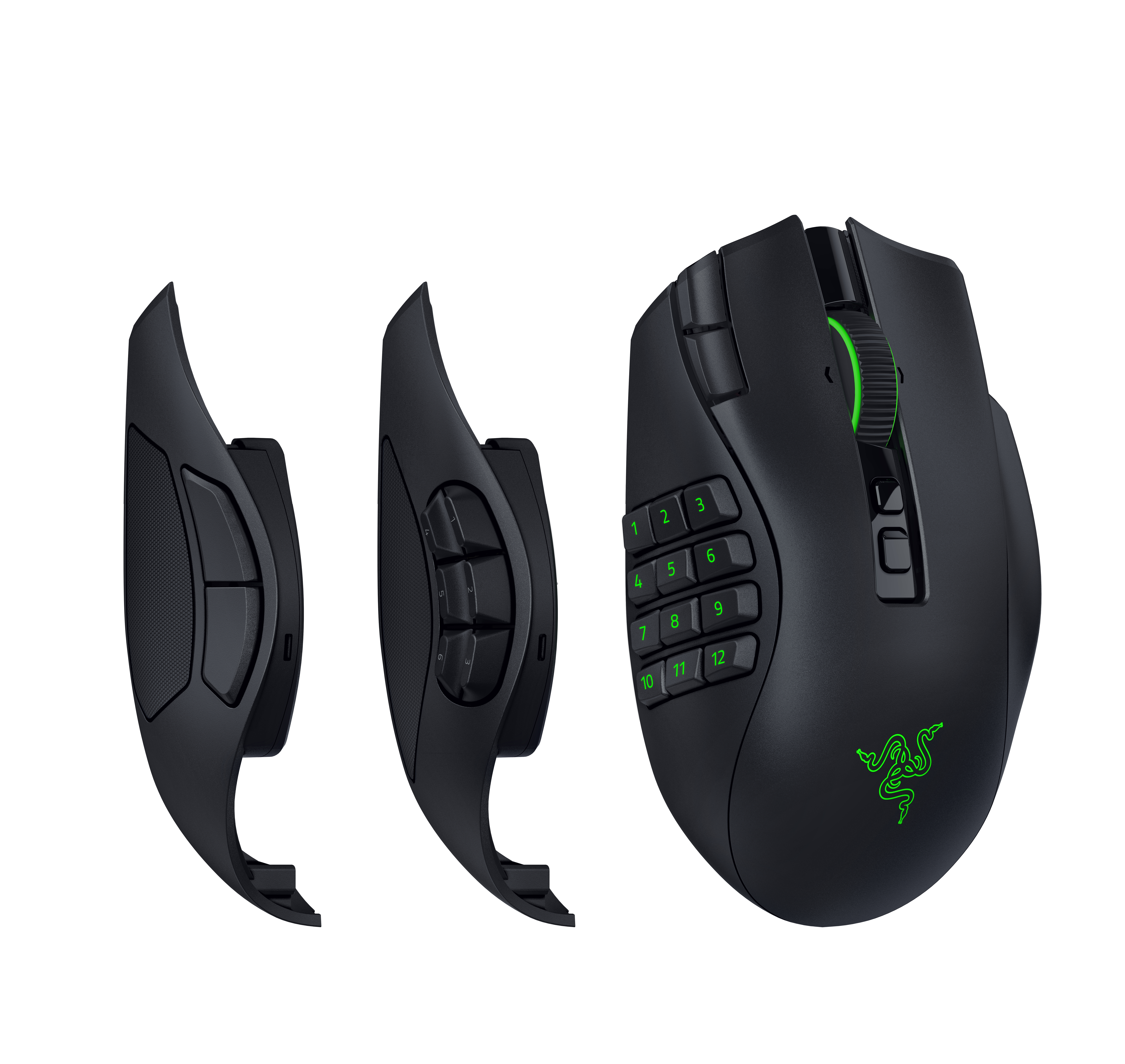 Eine schwarze modulare Gaming-Maus mit grünen Akzenten und zwei austauschbaren Seitenteilen auf weißem Hintergrund.