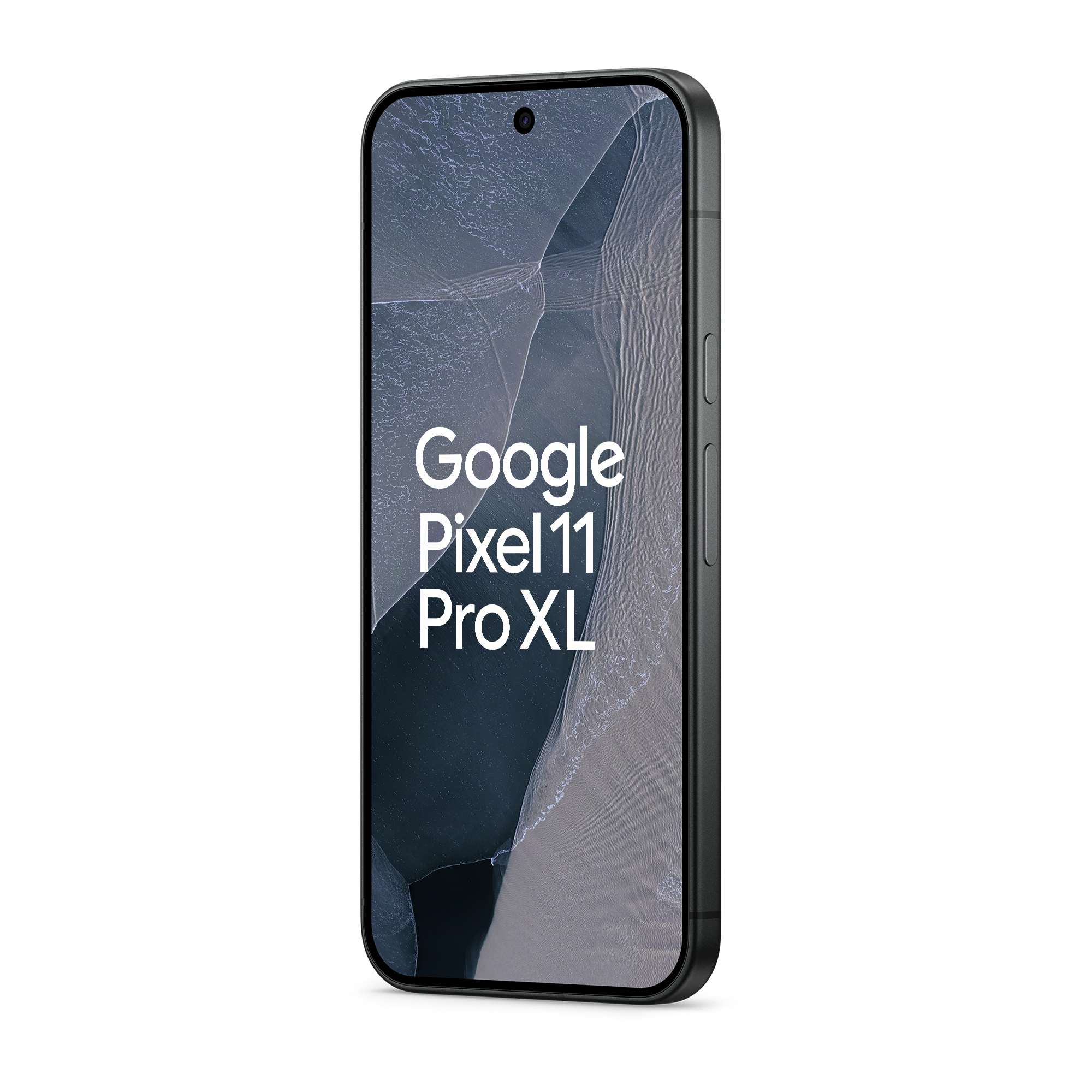 Ein dunkles Google Pixel 11 Pro XL Smartphone zeigt Text auf dem Bildschirm vor schwarzem Hintergrund.