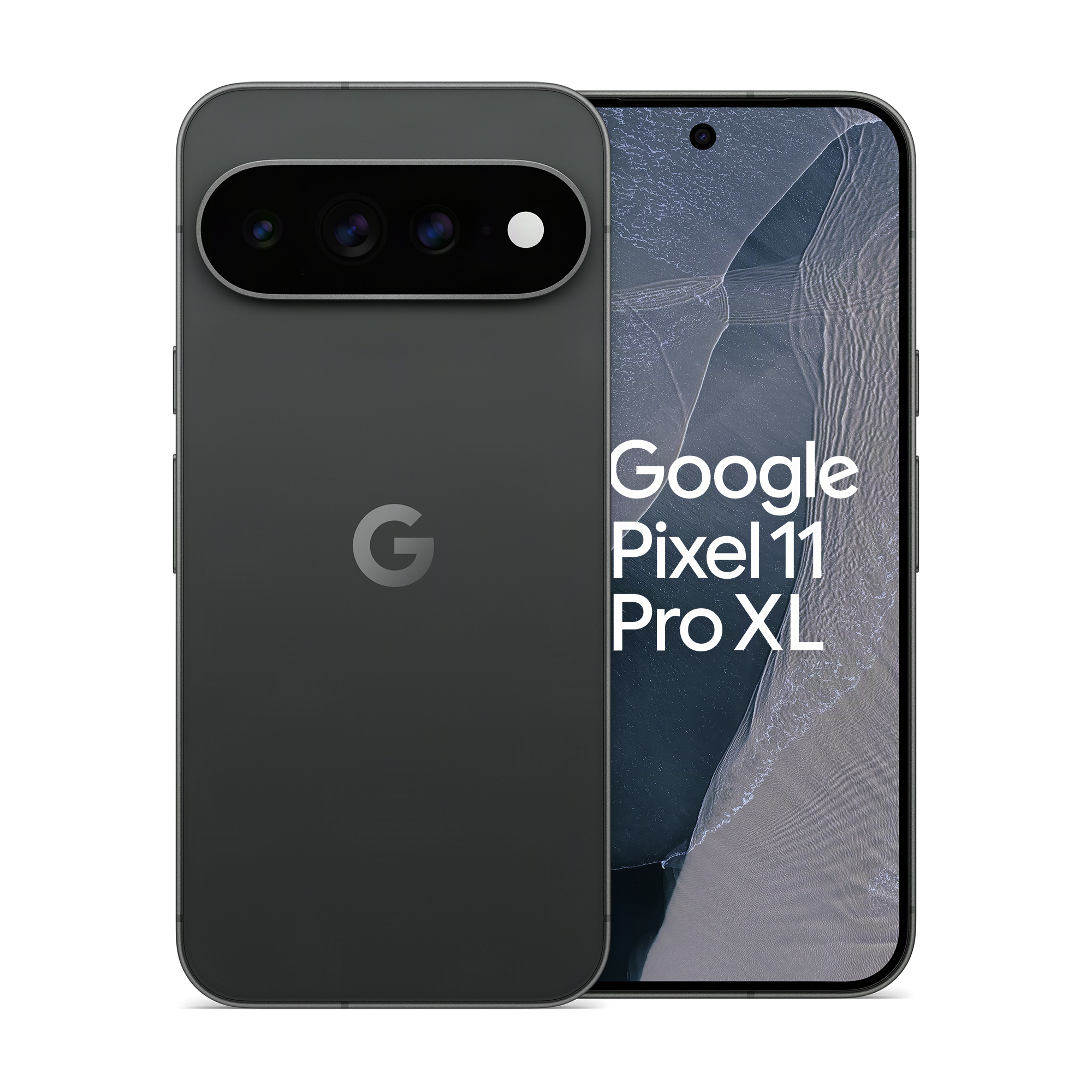 Google Pixel 11 Pro XL in Dunkelgrau, zeigt die Rückseite mit Kameralinse und die Vorderseite mit Bildschirm.