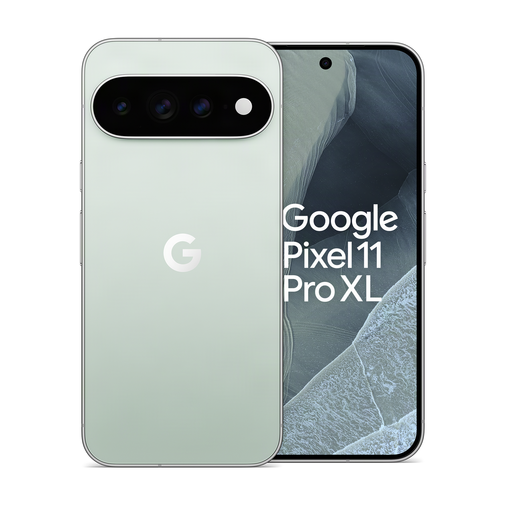 Google Pixel 11 Pro XL Smartphone, hellgrüne Rückseite mit Kamera und Display vorne.