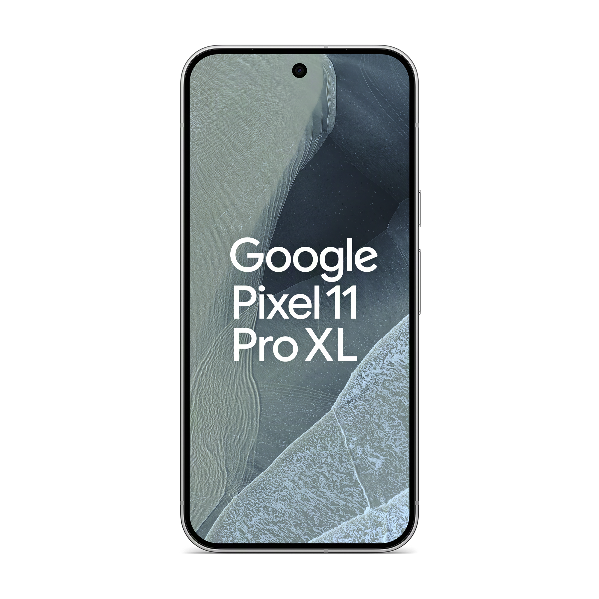 Smartphone mit hellem Gehäuse und dem Text Google Pixel 11 Pro XL auf dem Display mit Naturmotiv.