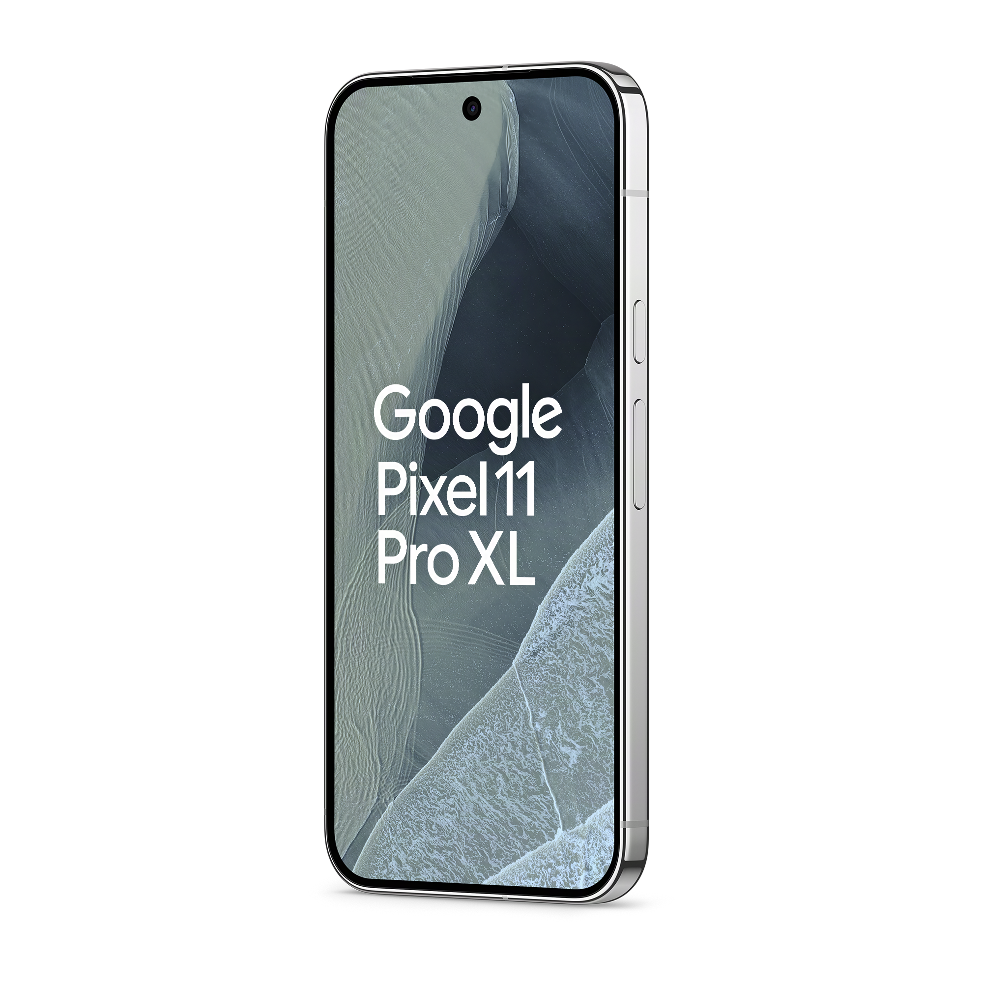Ein silbernes Google Pixel 11 Pro XL Smartphone mit Text auf dem Bildschirm vor schwarzem Hintergrund.