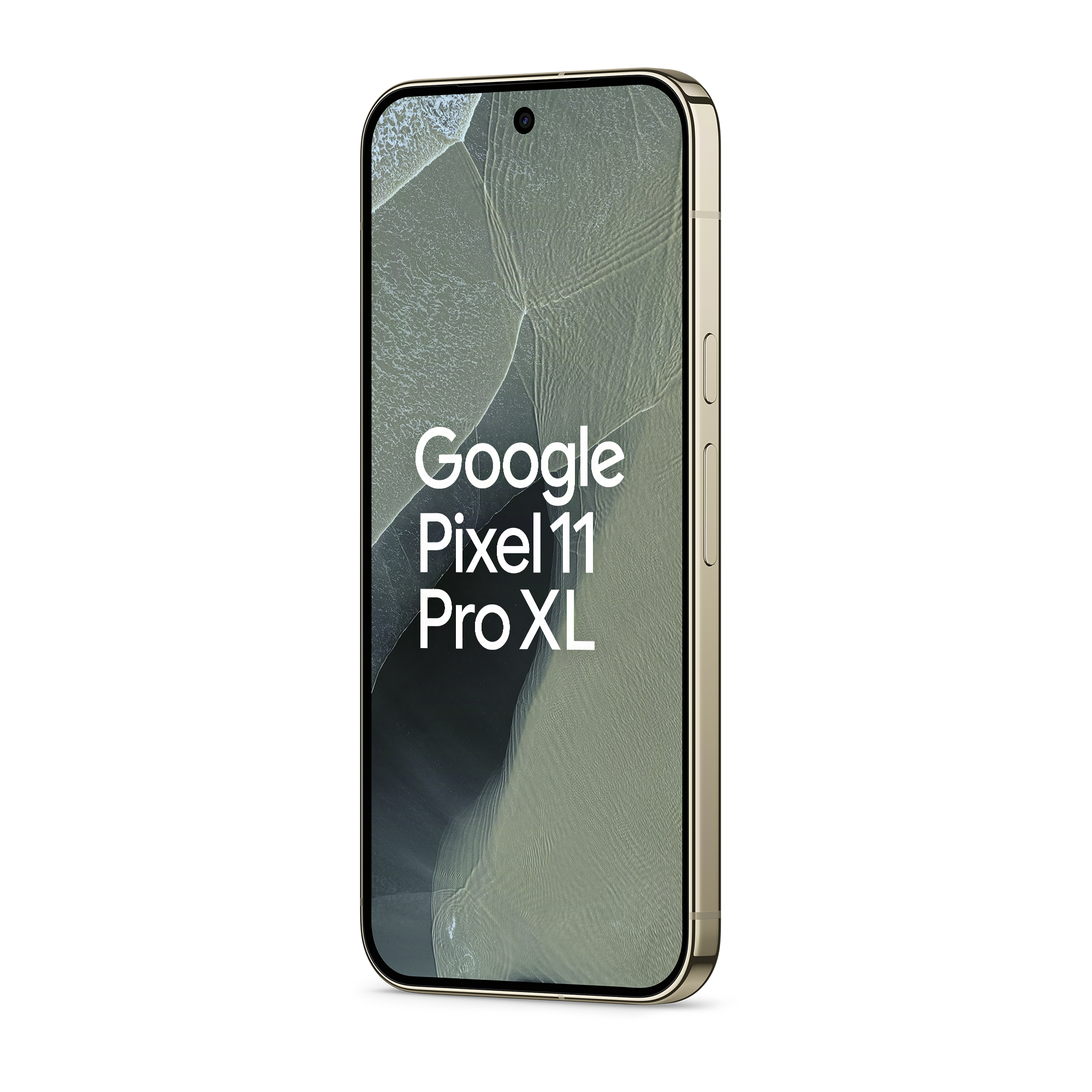 Ein goldfarbenes Google Pixel 11 Pro XL Smartphone vor schwarzem Hintergrund mit gemustertem Bildschirm.