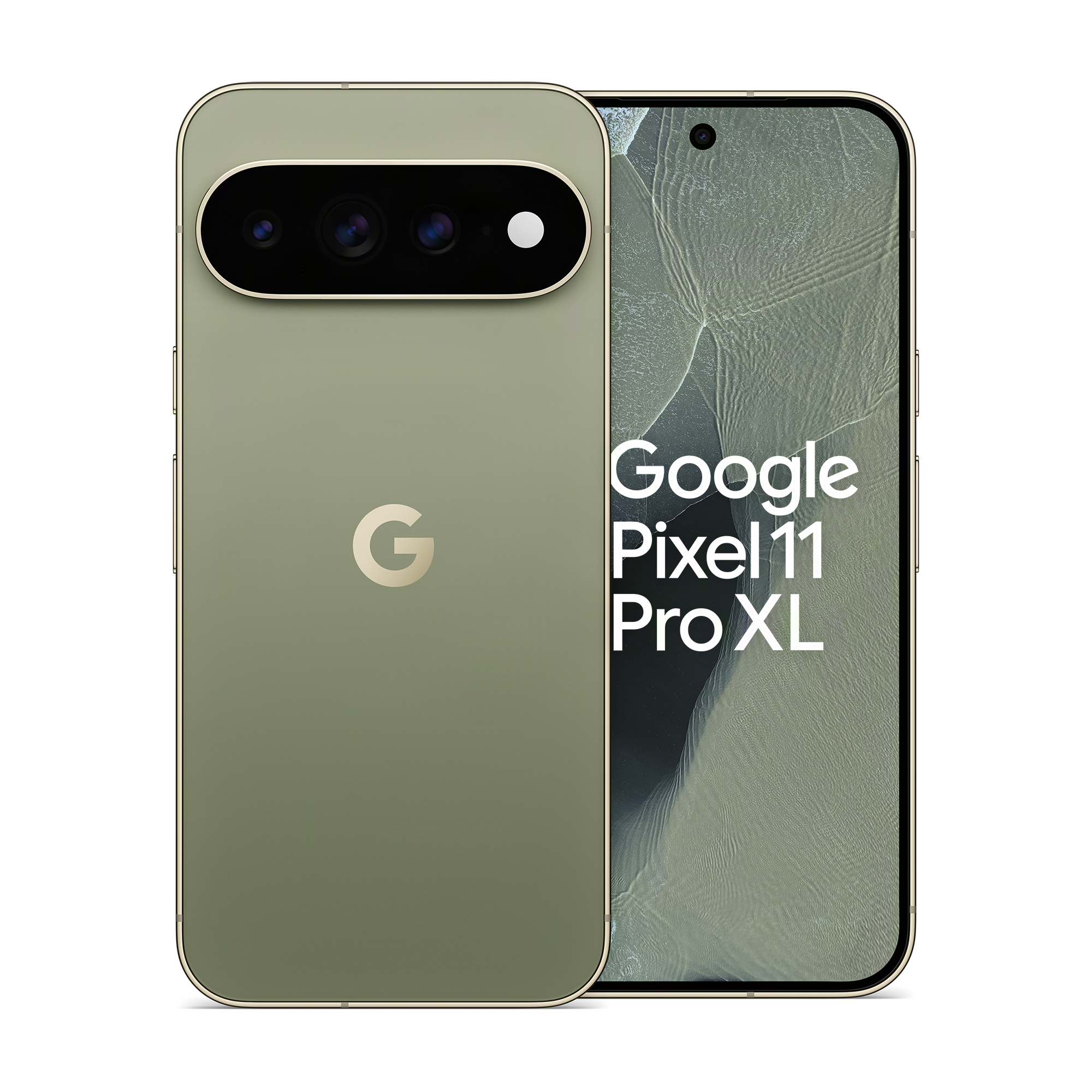 Grünes Google Pixel 11 Pro XL Smartphone, Ansicht von Rück- und Vorderseite mit weißem Text.