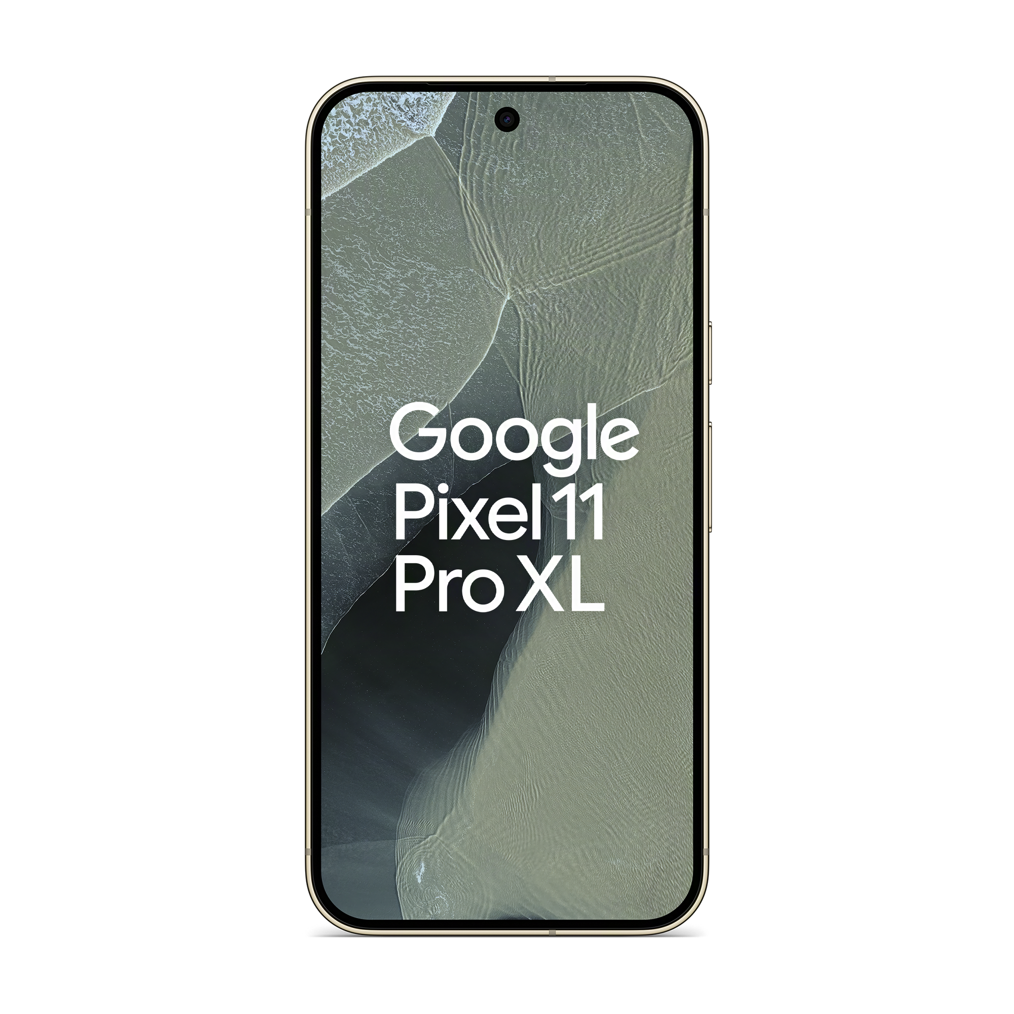 Ein goldenes Google Pixel 11 Pro XL Smartphone mit einem Hintergrund aus Wellen und Text auf dem Bildschirm.