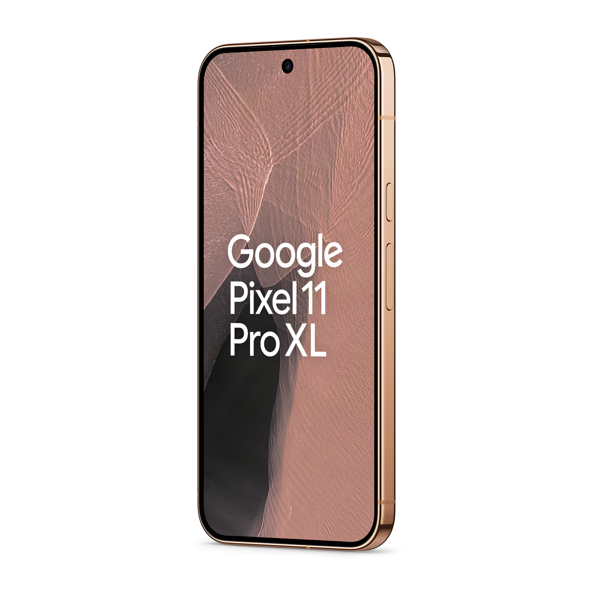 Ein roségoldenes Google Pixel 11 Pro XL Smartphone mit abgerundeten Ecken auf schwarzem Hintergrund.