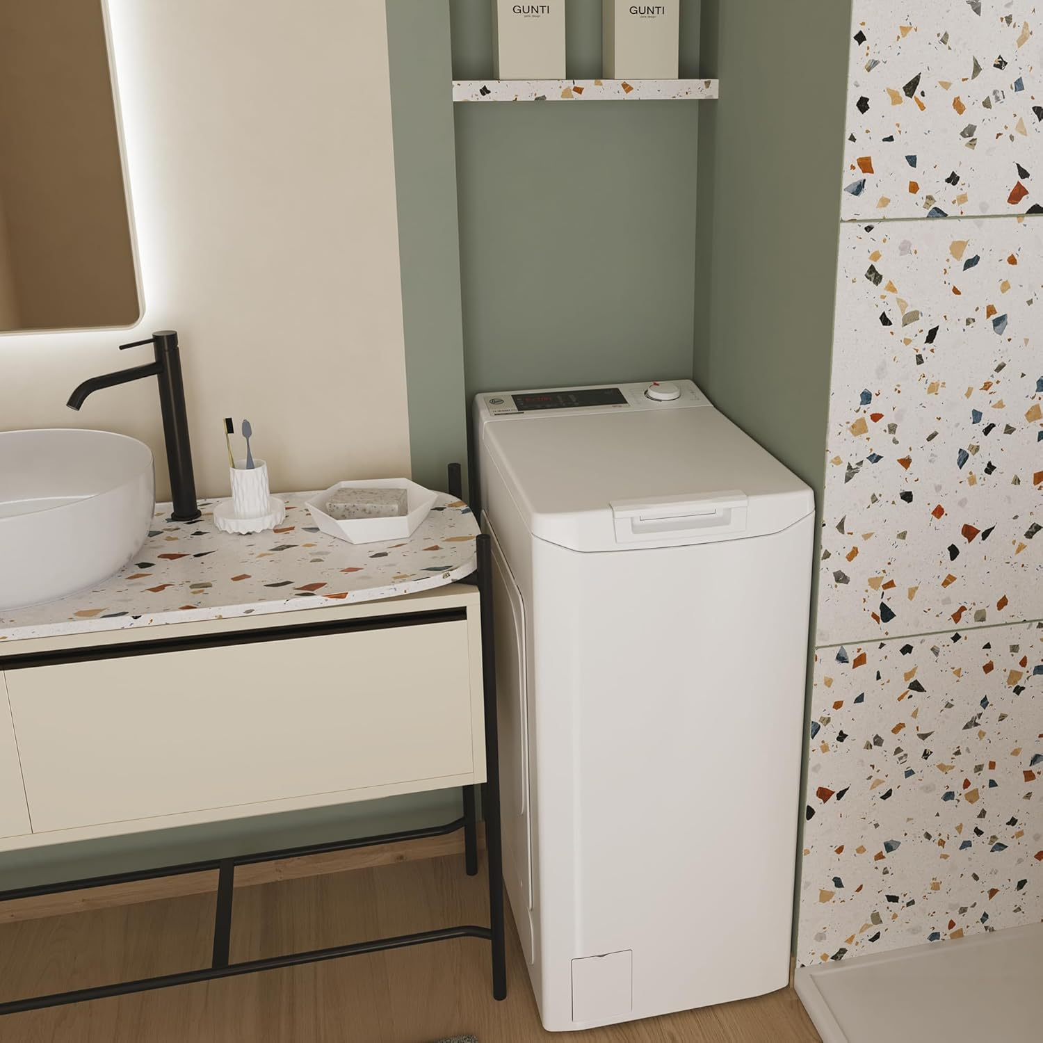 Moderne Waschküche mit Waschmaschine, weißem Waschbecken und Terrakotta-Fliesen an der Wand.