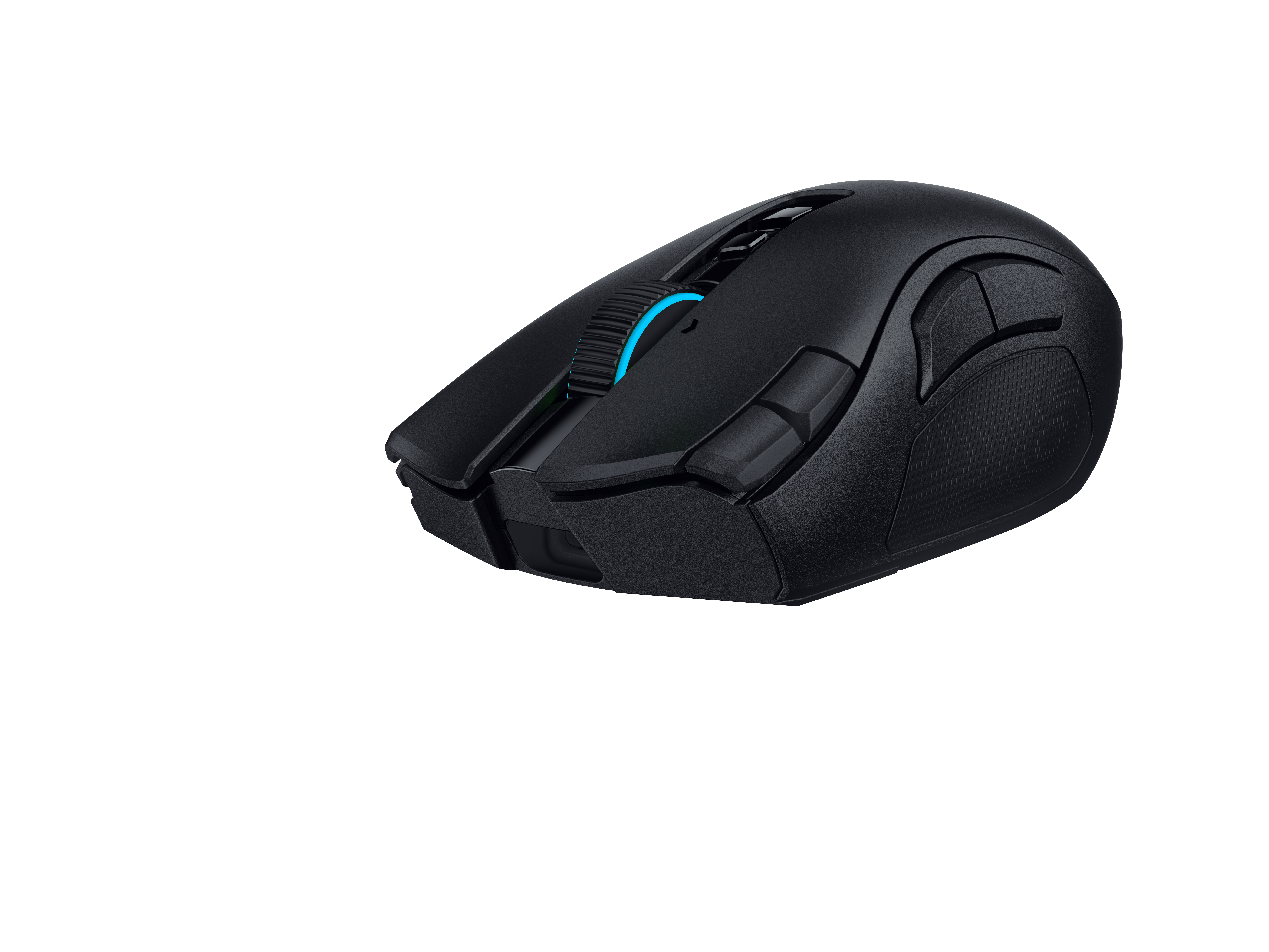 Schwarze kabellose Gaming-Maus mit blauer Akzentbeleuchtung am Scrollrad und mehreren Seitentasten.