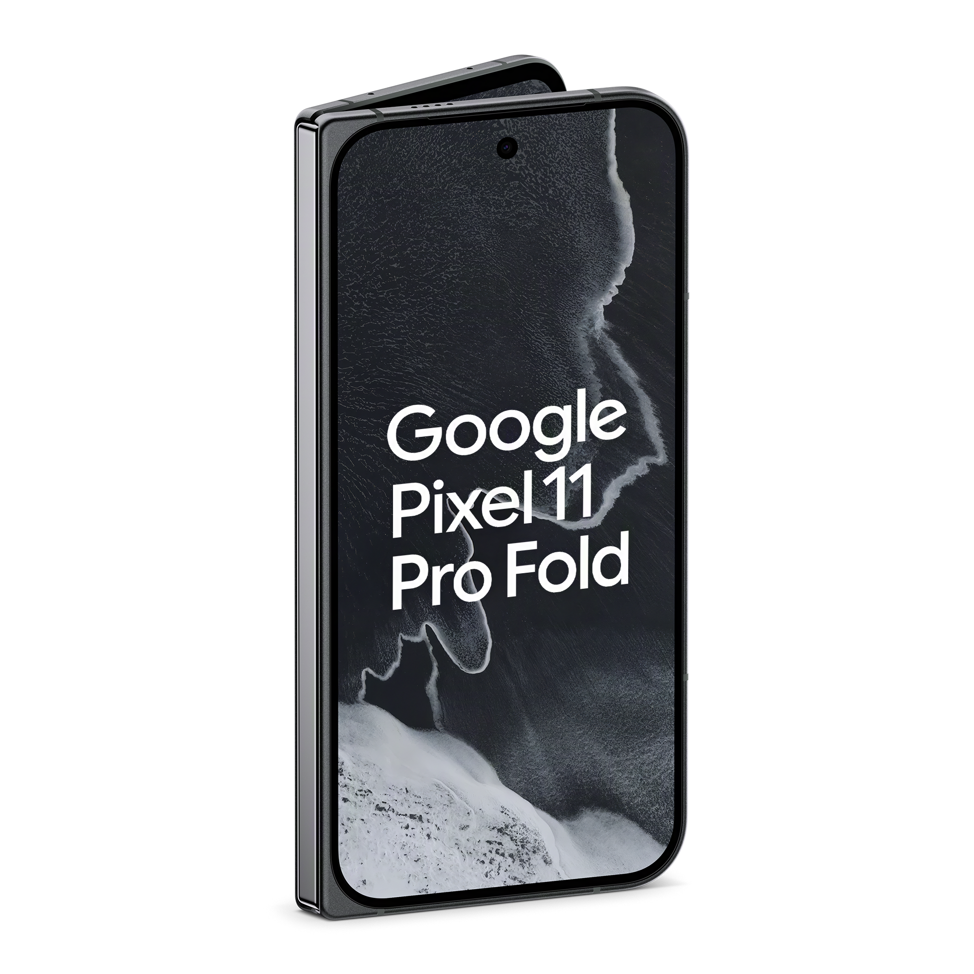 Google Pixel 11 Pro Fold Smartphone in leicht geöffnetem Zustand vor schwarzem Hintergrund.