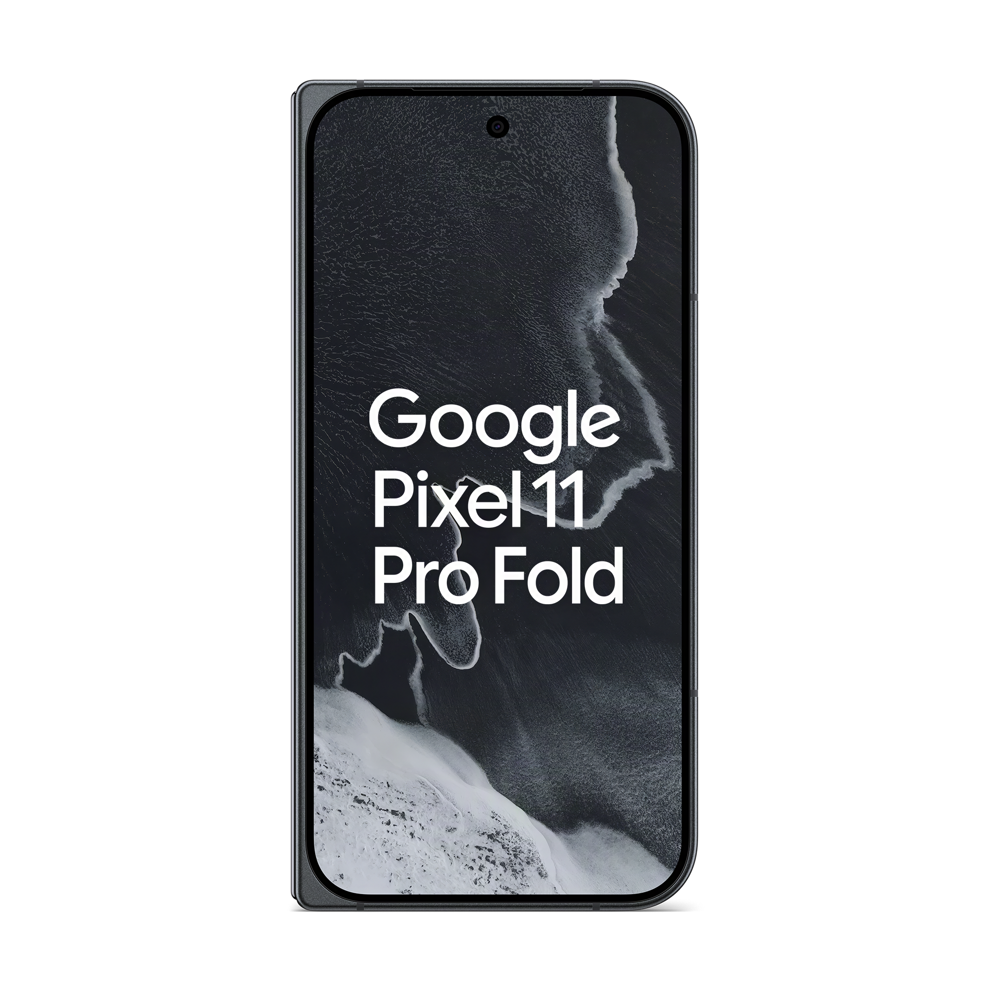 Ein Smartphone zeigt 'Google Pixel 11 Pro Fold' auf dunkler, strukturierter Tapete vor schwarzem Hintergrund.