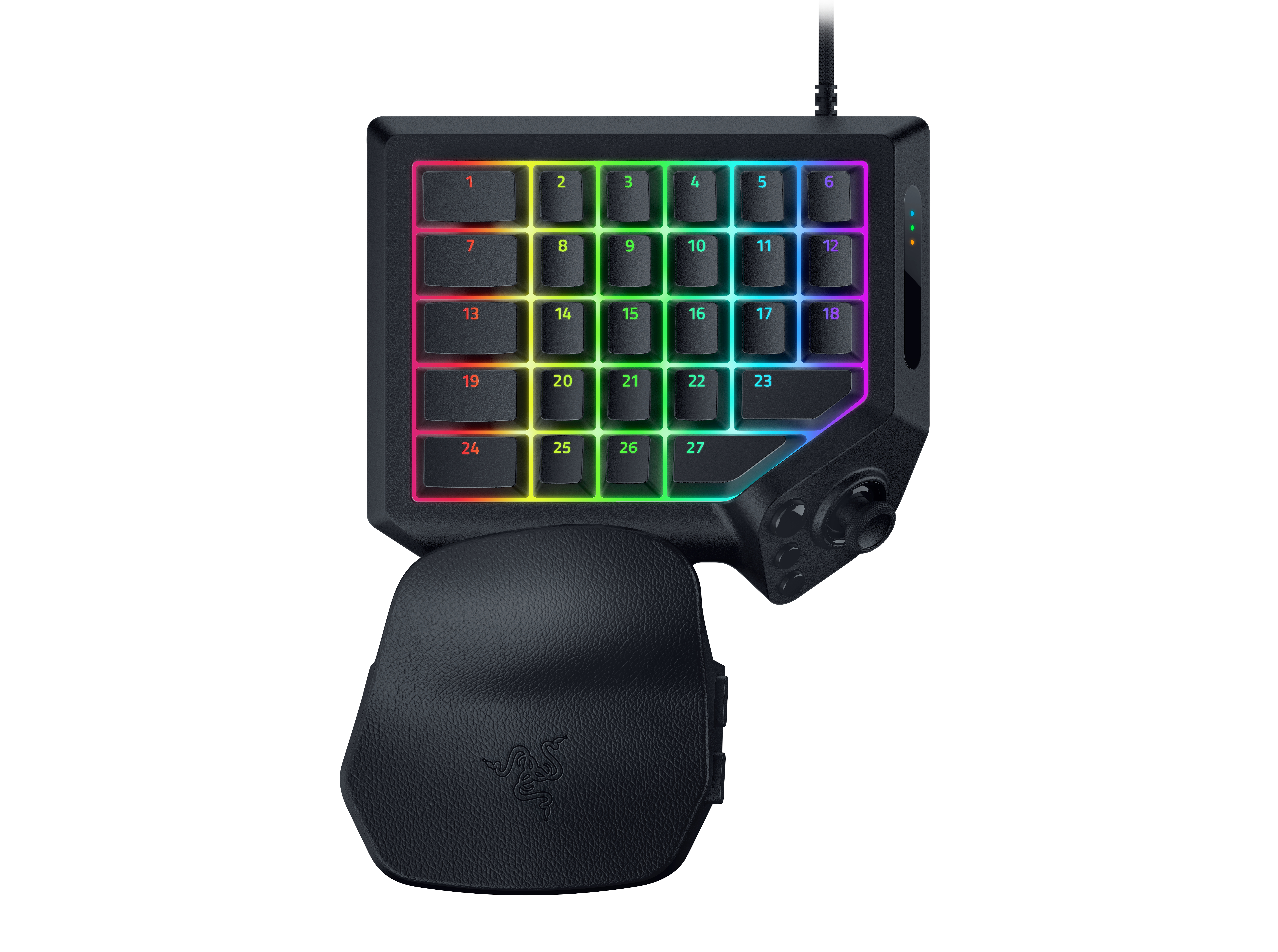 Schwarzes Gaming-Keypad mit bunten LED-Tasten und abnehmbarer Handballenauflage auf weißem Hintergrund.
