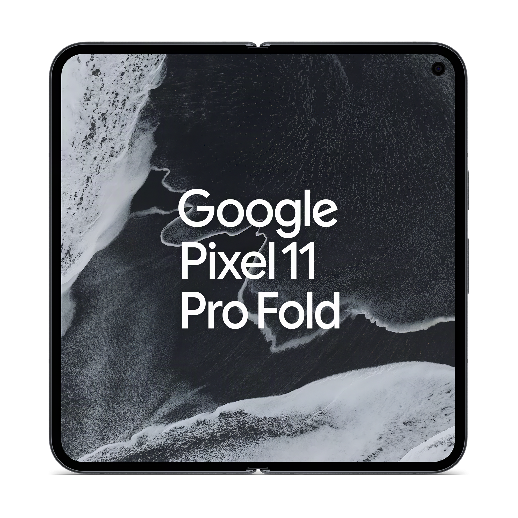 Aufgeklapptes Foldable-Smartphone mit schwarzem Hintergrund und weißem Text Google Pixel 11 Pro Fold.