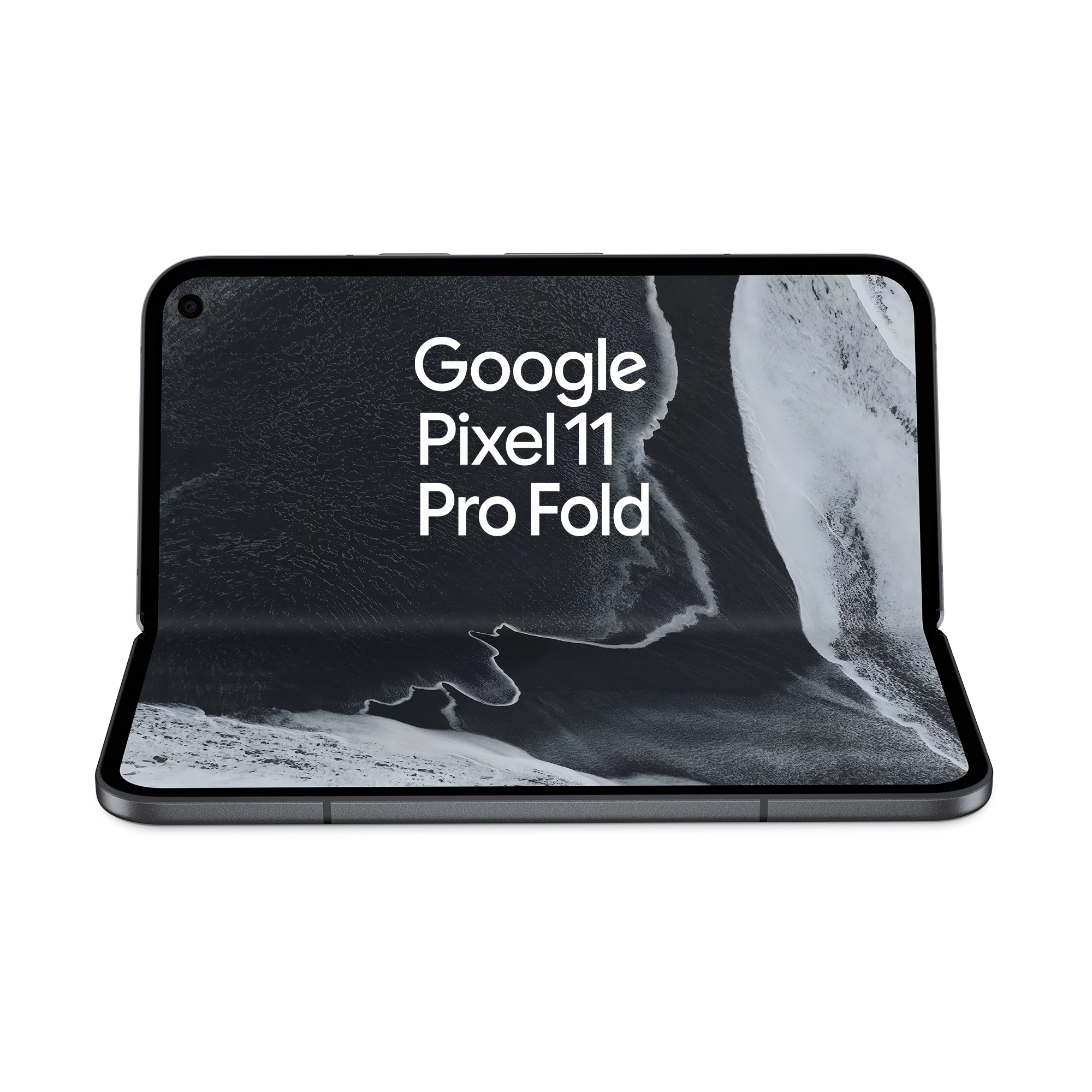 Ein aufgeklapptes Google Pixel 11 Pro Fold vor schwarzem Hintergrund mit schwarz-weißem Landschaftsbild auf dem Display.