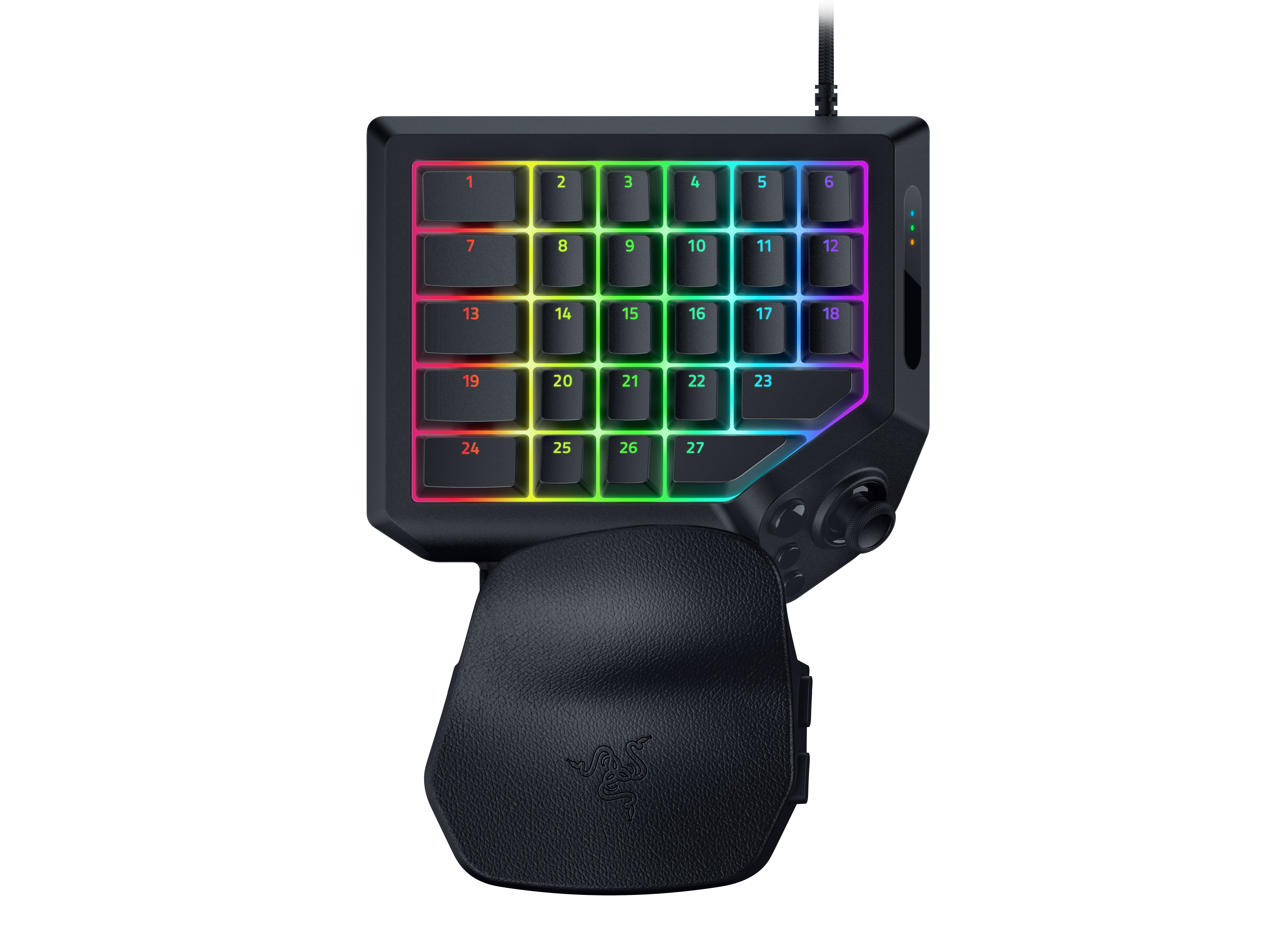 Schwarzes Gaming-Keypad mit RGB-Hintergrundbeleuchtung, nummerierten Tasten und Handgelenkauflage.
