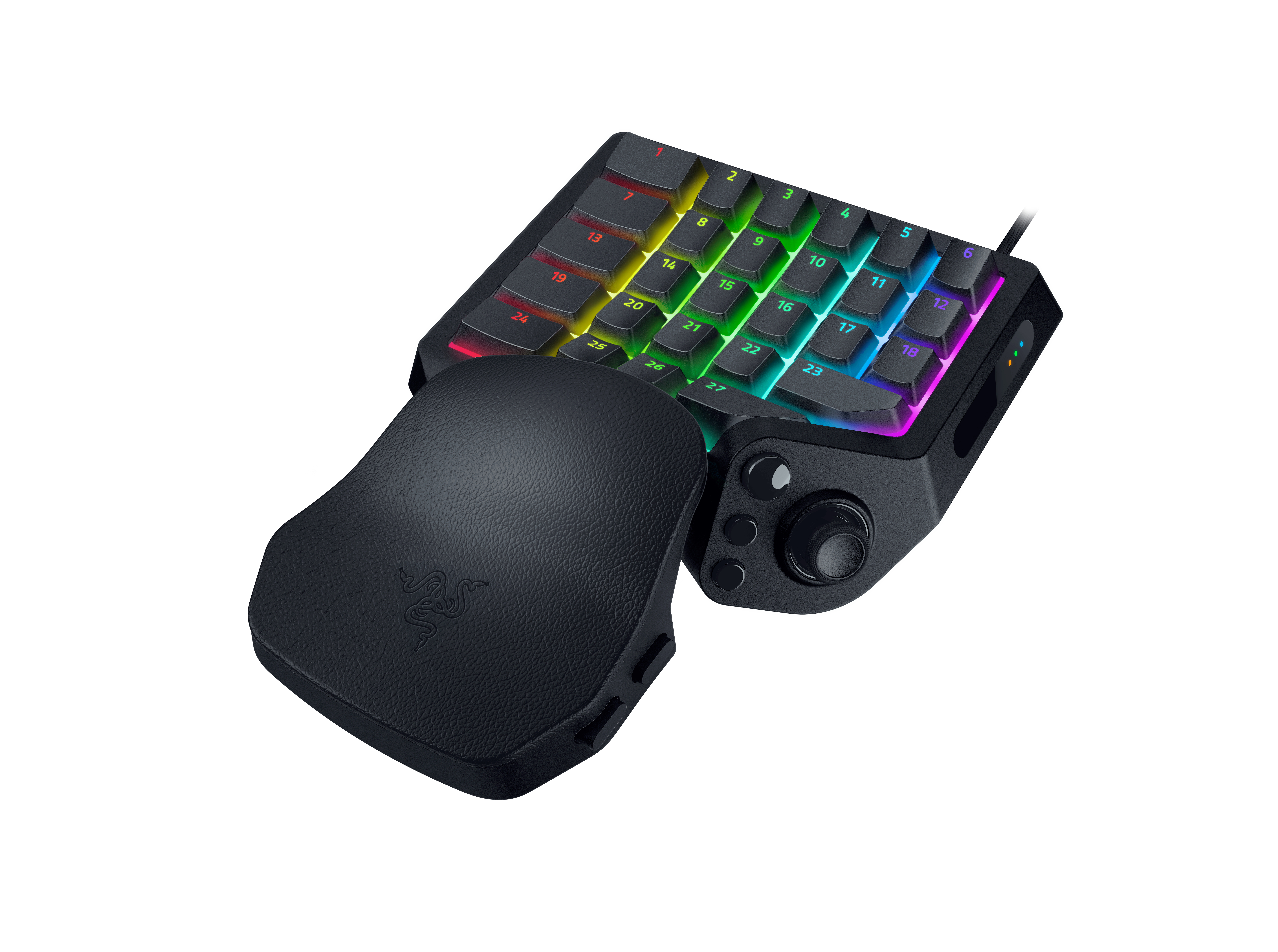 Schwarzes Gaming-Keypad mit RGB-Beleuchtung und gepolstertem Handballen auf weißem Hintergrund.
