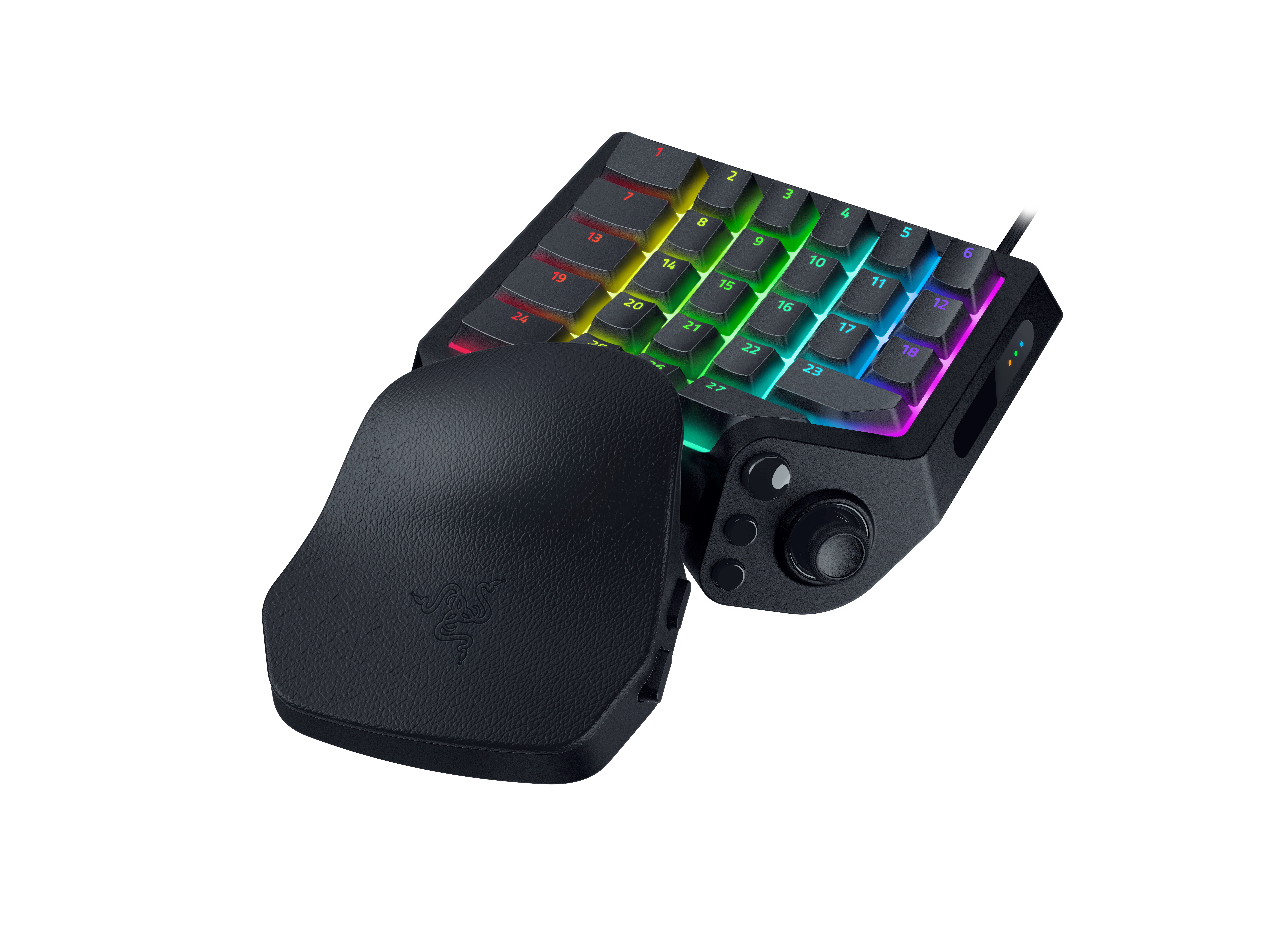 Schwarzes Gaming-Keypad mit RGB-Beleuchtung und ergonomischer Handballenauflage.