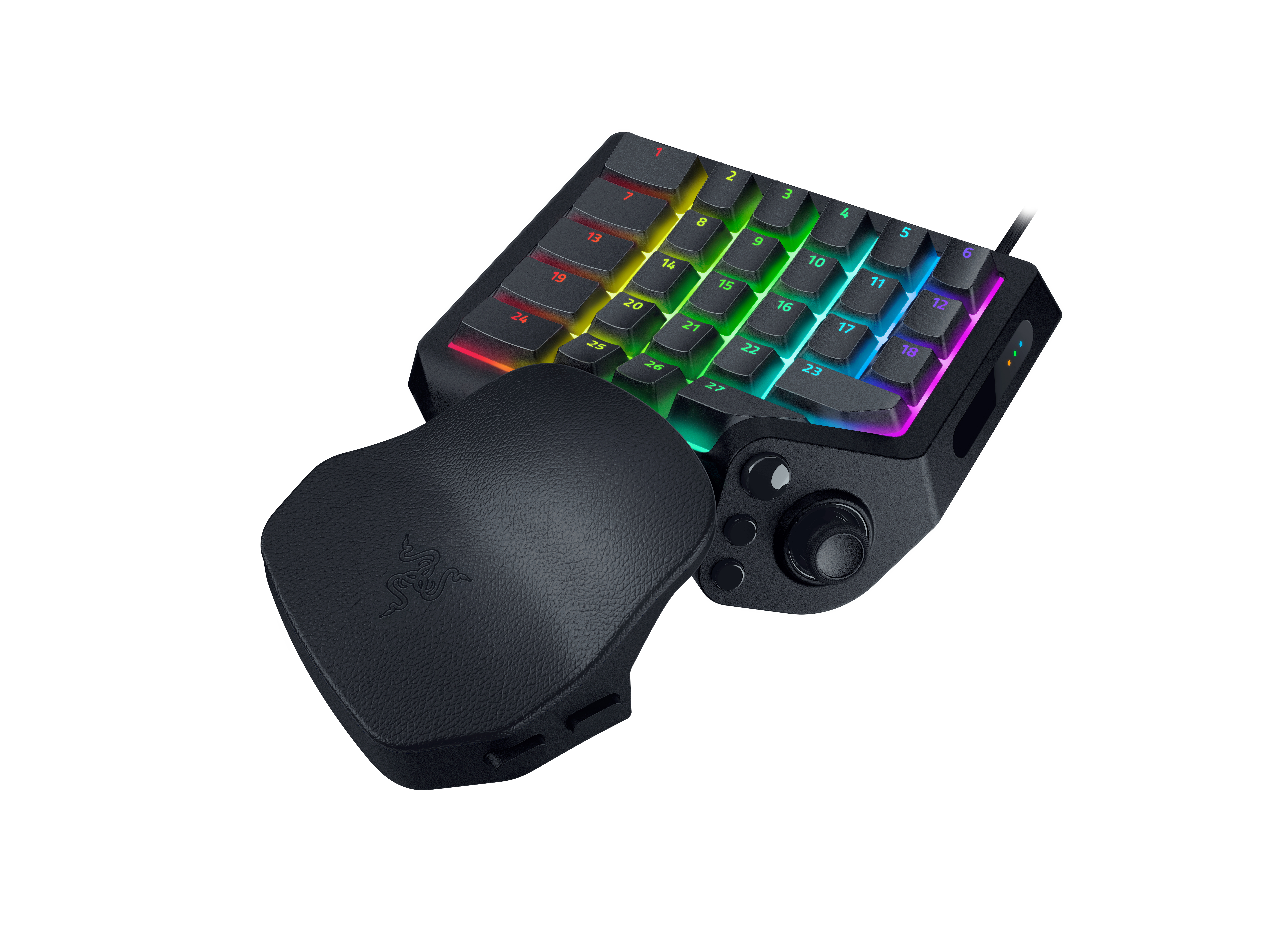 Ein schwarzes Gaming-Keypad mit bunten RGB-Leuchttasten und einer gepolsterten Handballenauflage auf weißem Hintergrund.