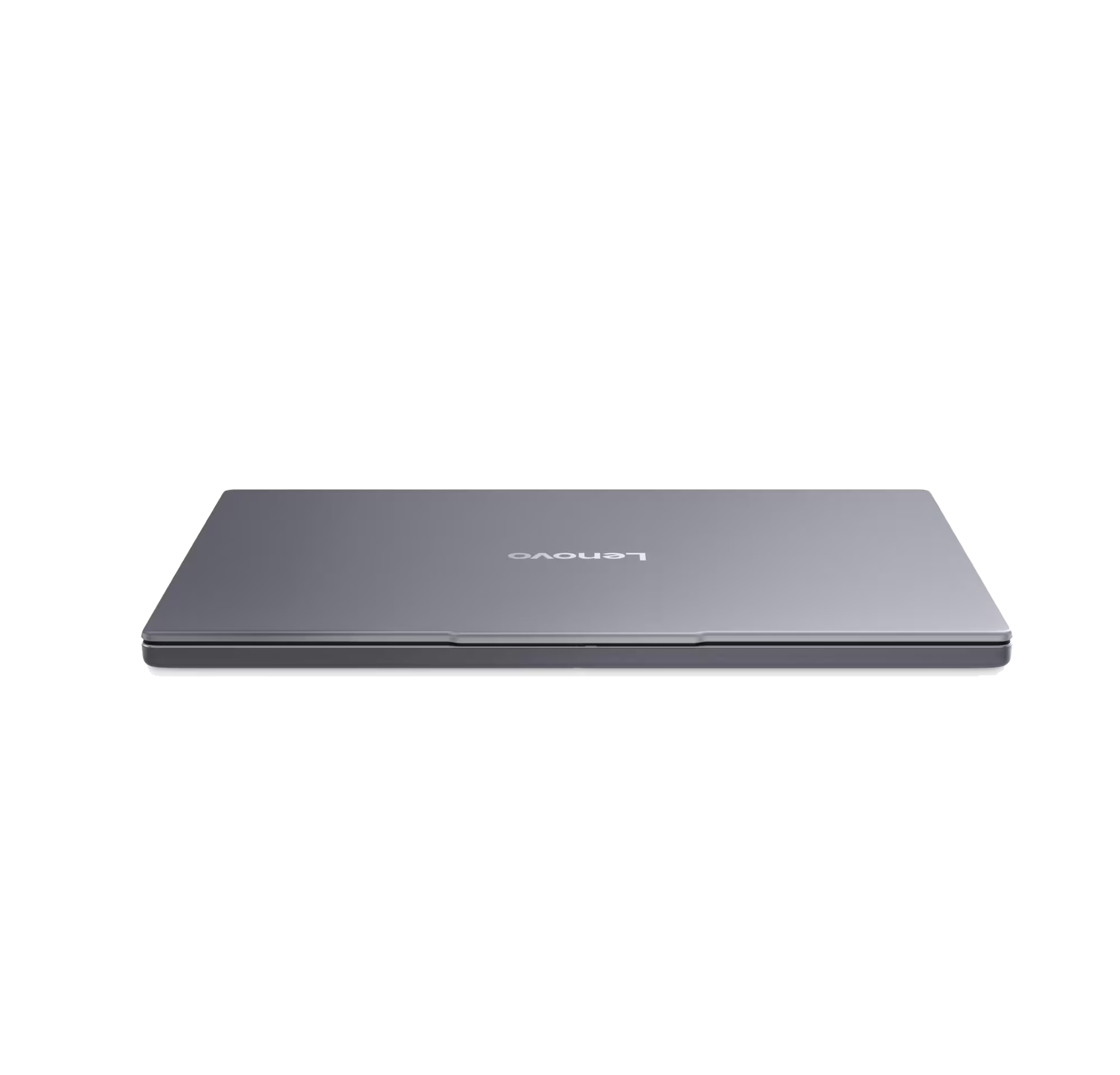 Un ordenador portátil Lenovo gris cerrado sobre fondo negro.