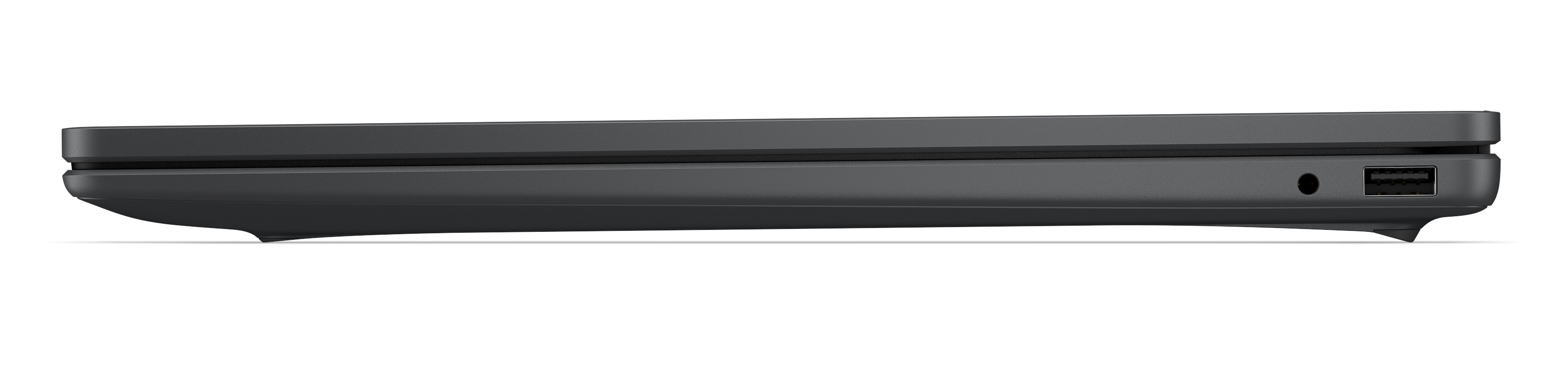 Widok z boku zamkniętego szarego laptopa z gniazdem audio i portem USB.