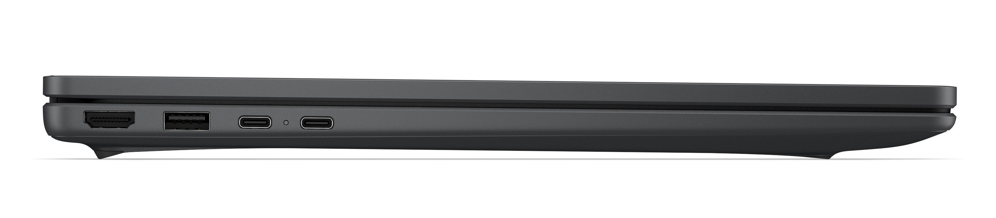 Widok z boku szarego laptopa z portem HDMI, portem USB-A i dwoma portami USB-C.