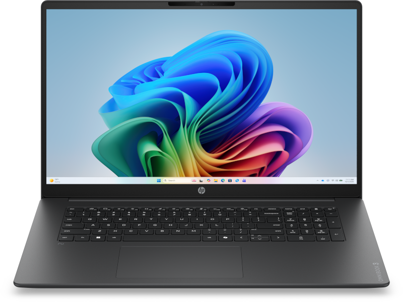 Widok z przodu czarnego laptopa HP z kolorową tapetą systemową.