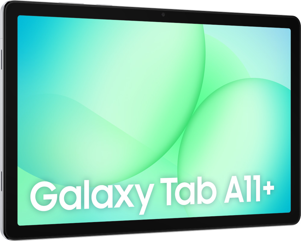 Samsung Galaxy Tab A11+ tablet met groene achtergrond.