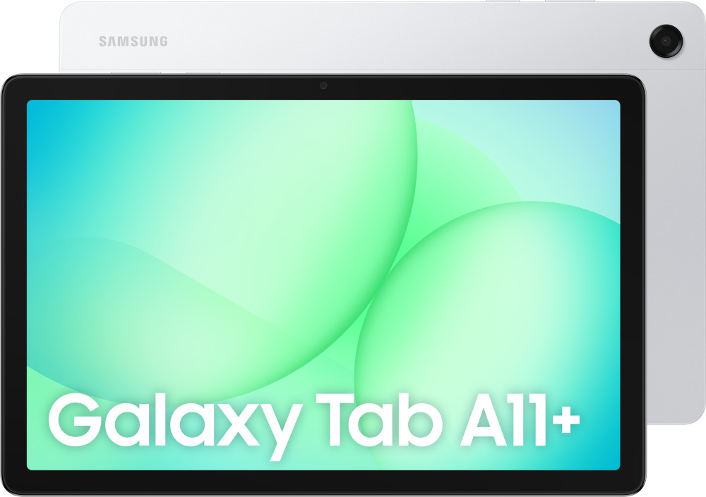 Een zilveren Samsung Galaxy Tab A9+ tablet met een groene abstracte achtergrond.