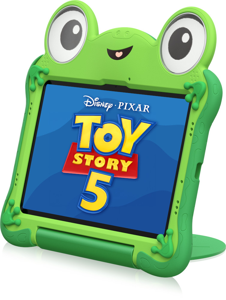 Een groene kikkertablethoes toont het Toy Story 5-logoscherm.