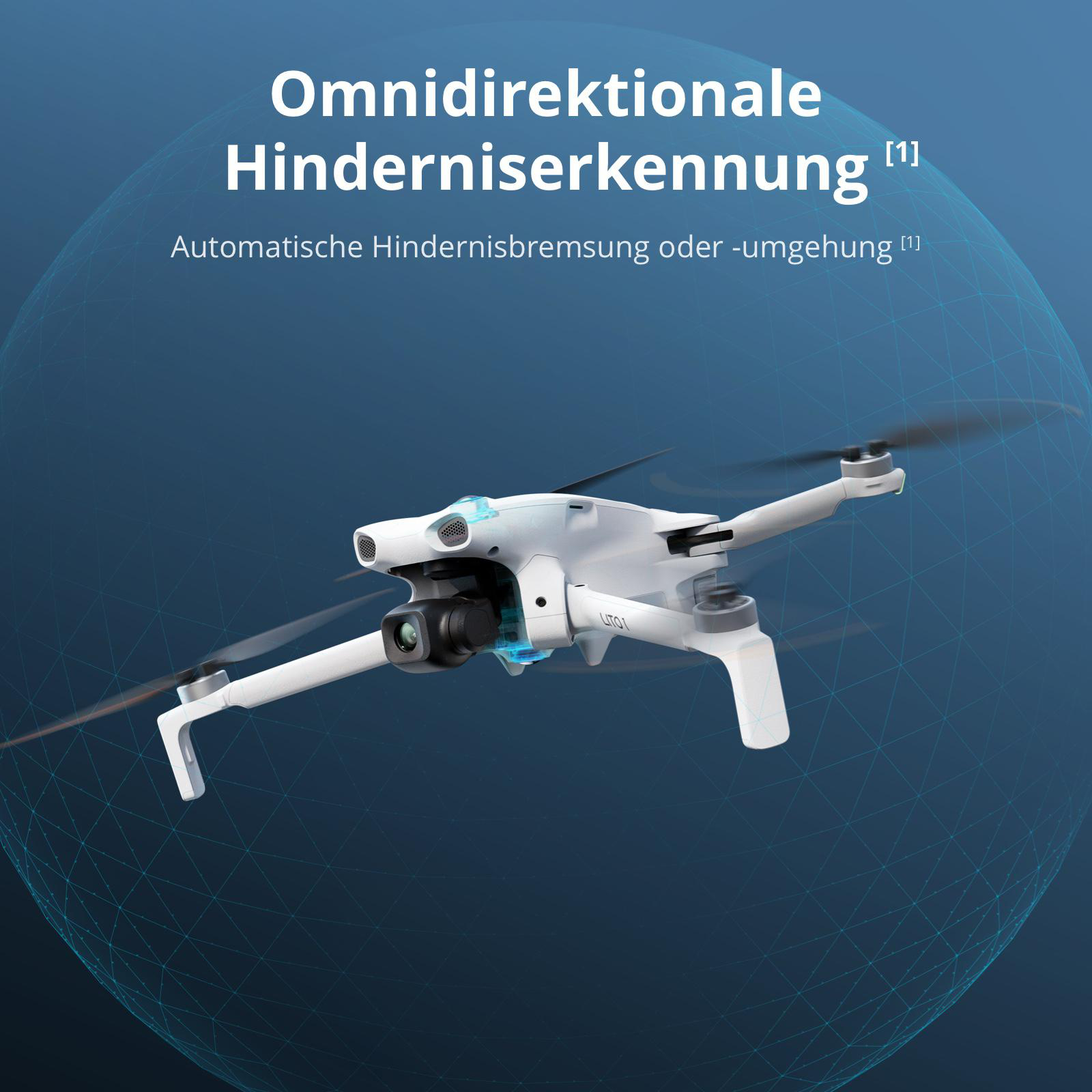 Eine weiße Drohne fliegt in einer blauen Sphäre, die omnidirektionale Hinderniserkennung symbolisiert.