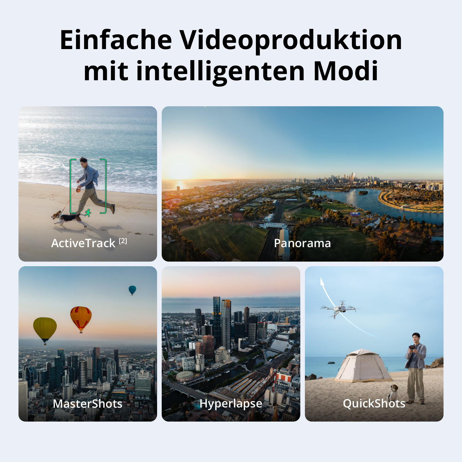 Grafik zeigt Videomodi wie ActiveTrack, Panorama, MasterShots, Hyperlapse und QuickShots mit Fotobeispielen.