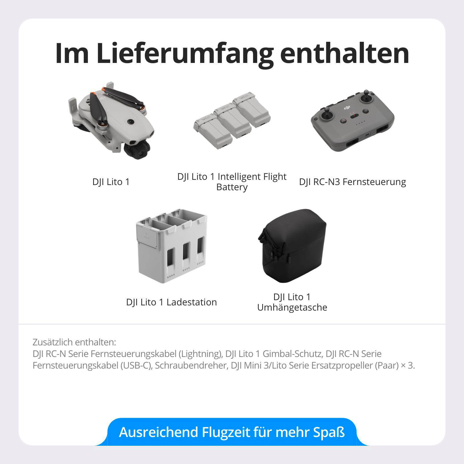 Übersicht des Lieferumfangs mit DJI Lito 1 Drohne, drei Akkus, Controller, Ladestation und Tasche.