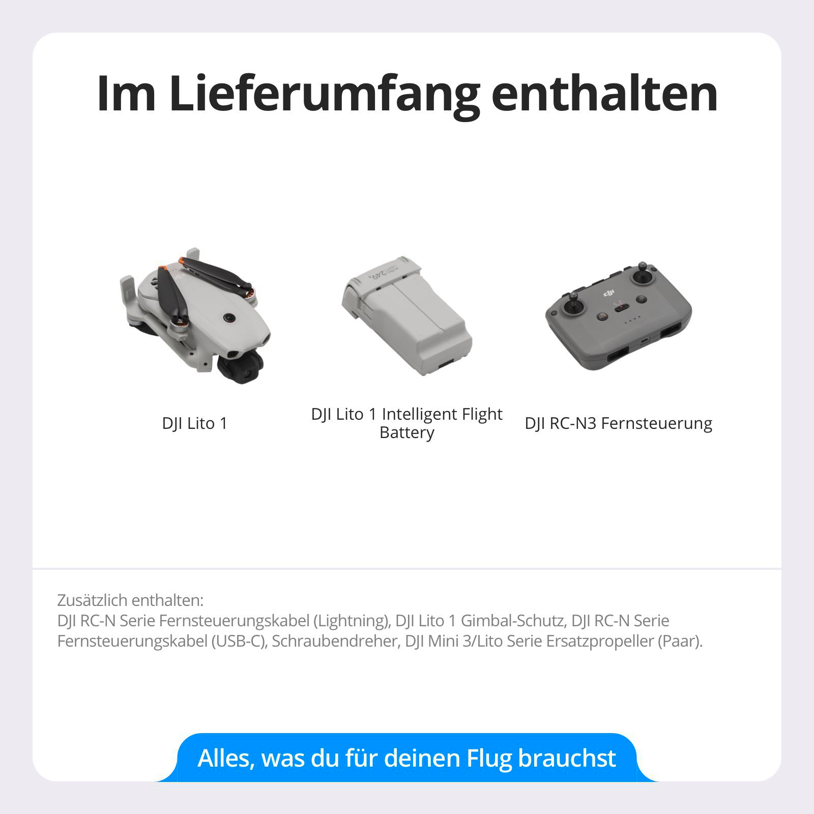 Lieferumfang mit DJI Lito 1 Drohne, Akku, Fernsteuerung und Zubehör wie Kabel, Gimbal-Schutz und Ersatzpropeller.
